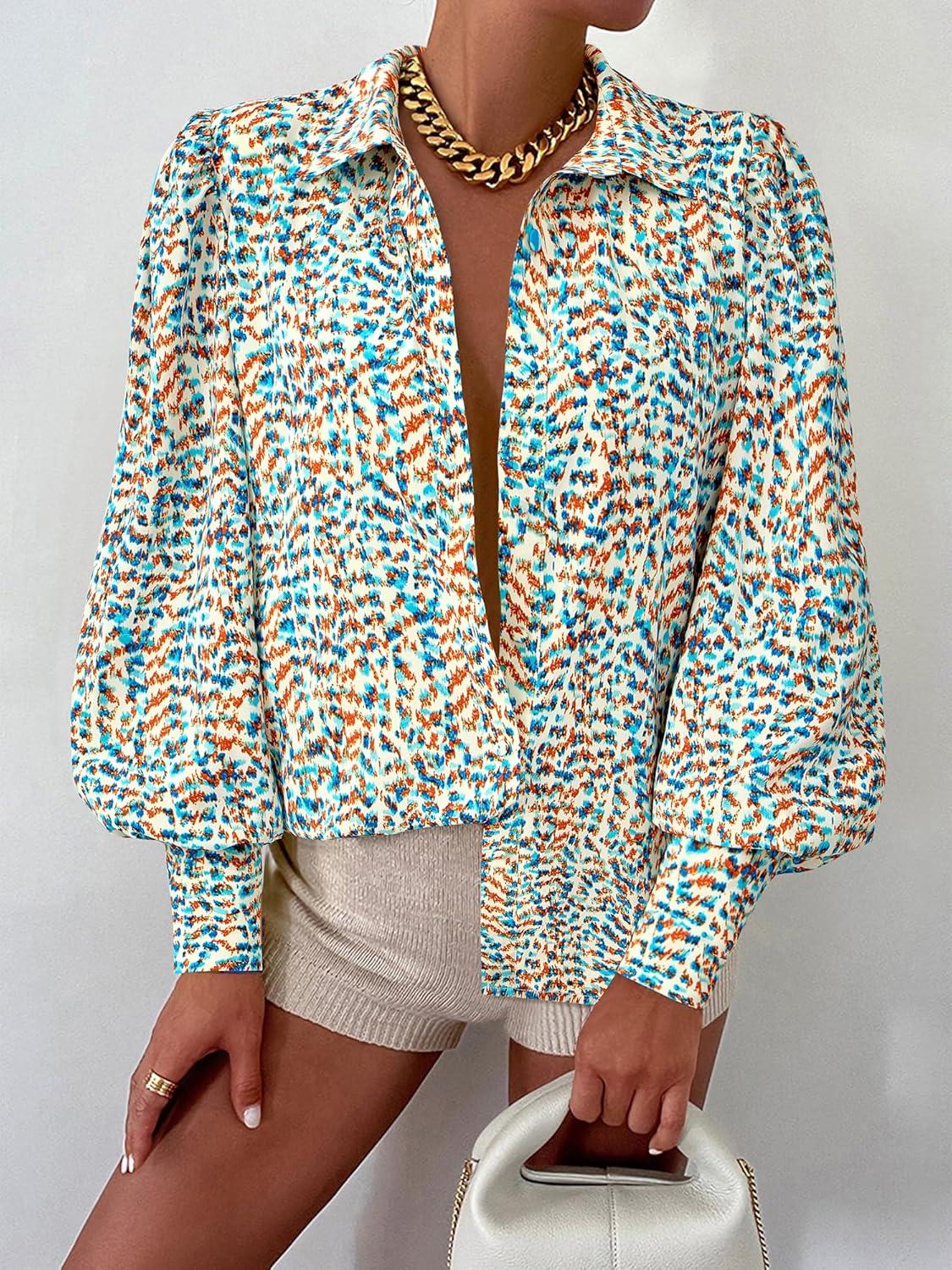 imageBTFBM Women Fashion Button Down Shirts V Neck Printed Solid Boho Long Sleeve Blouses Dressy Casual Summer Fall TopsFloral Blue White