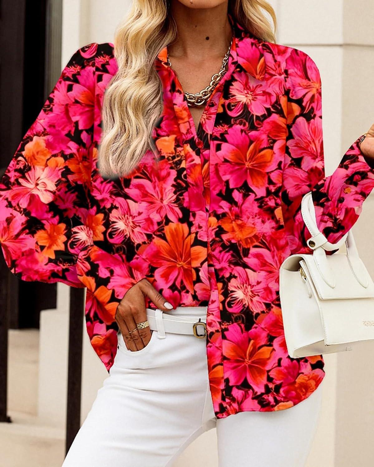 imageBTFBM Women Fashion Button Down Shirts V Neck Printed Solid Boho Long Sleeve Blouses Dressy Casual Summer Fall TopsFloral Red