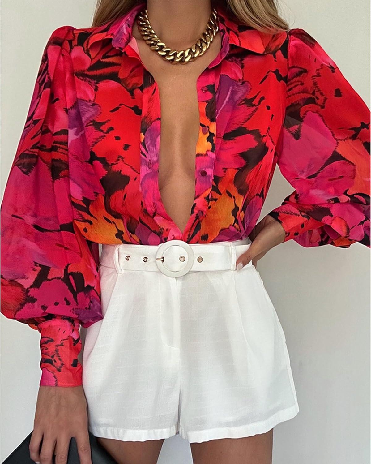 imageBTFBM Women Fashion Button Down Shirts V Neck Printed Solid Boho Long Sleeve Blouses Dressy Casual Summer Fall TopsFloral Red