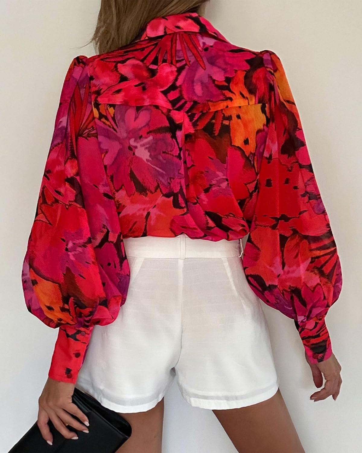 imageBTFBM Women Fashion Button Down Shirts V Neck Printed Solid Boho Long Sleeve Blouses Dressy Casual Summer Fall TopsFloral Red