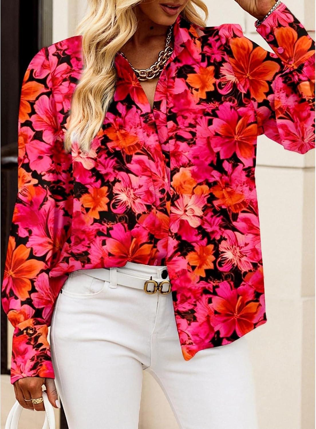 imageBTFBM Women Fashion Button Down Shirts V Neck Printed Solid Boho Long Sleeve Blouses Dressy Casual Summer Fall TopsFloral Red