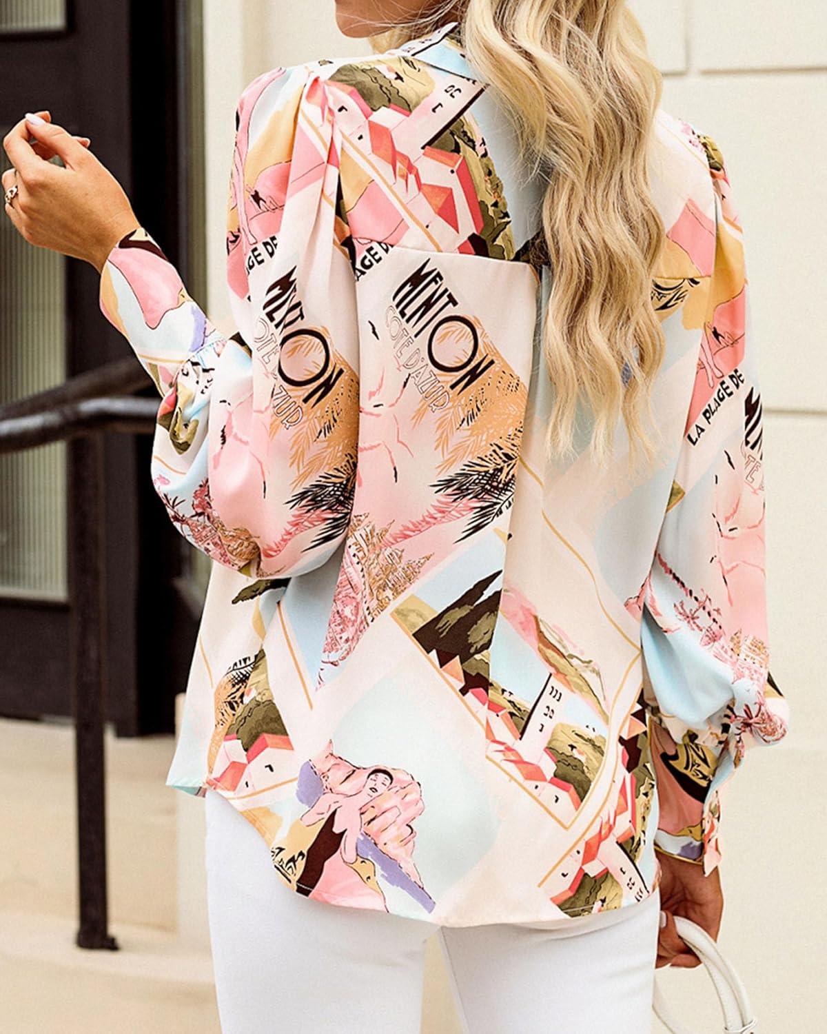 imageBTFBM Women Fashion Button Down Shirts V Neck Printed Solid Boho Long Sleeve Blouses Dressy Casual Summer Fall TopsGraphic Print