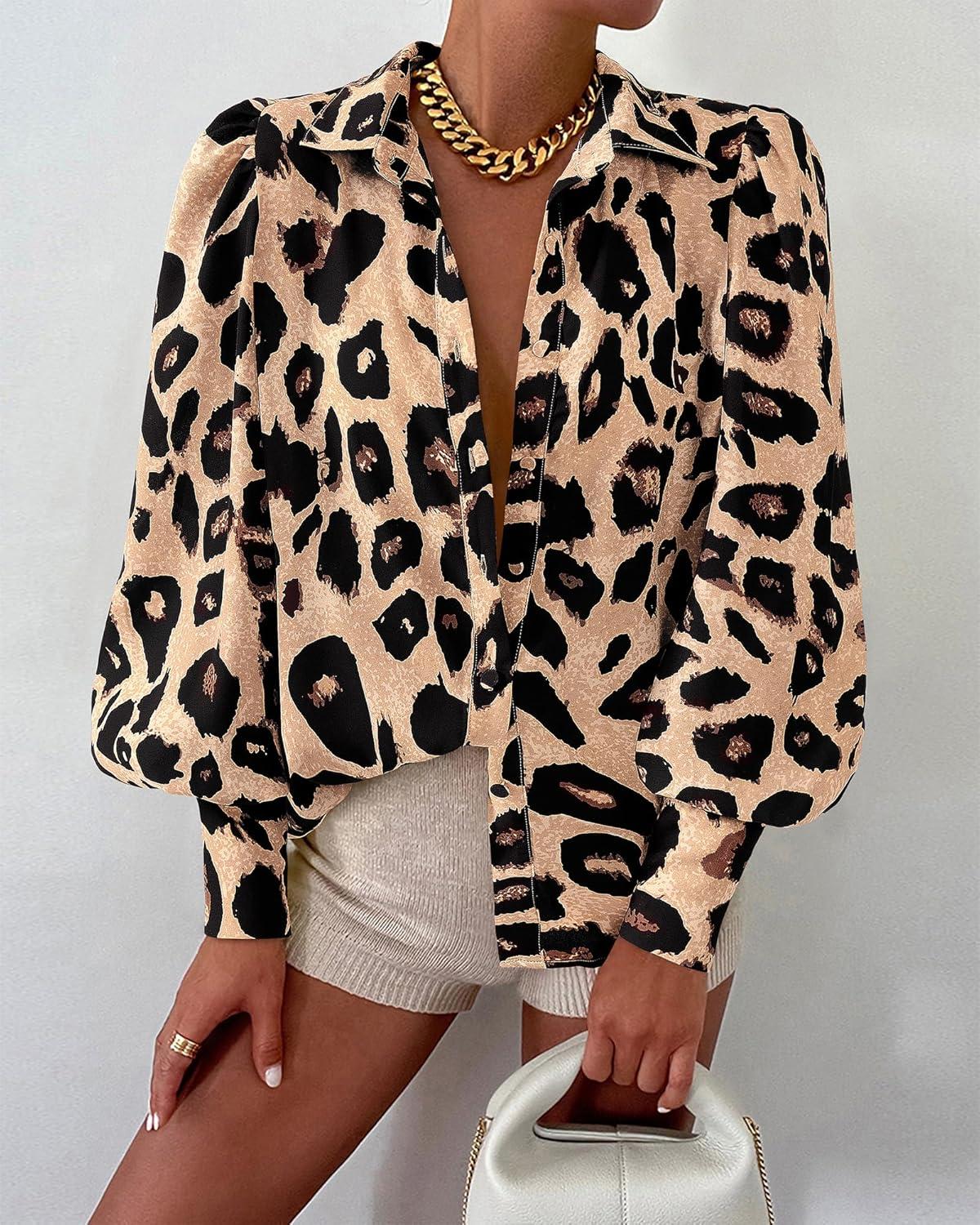 imageBTFBM Women Fashion Button Down Shirts V Neck Printed Solid Boho Long Sleeve Blouses Dressy Casual Summer Fall TopsLeopard Print