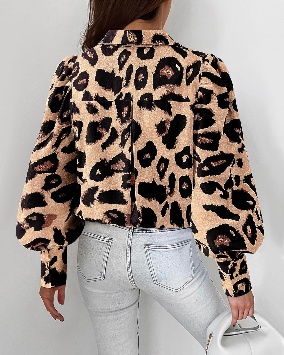 imageBTFBM Women Fashion Button Down Shirts V Neck Printed Solid Boho Long Sleeve Blouses Dressy Casual Summer Fall TopsLeopard Print