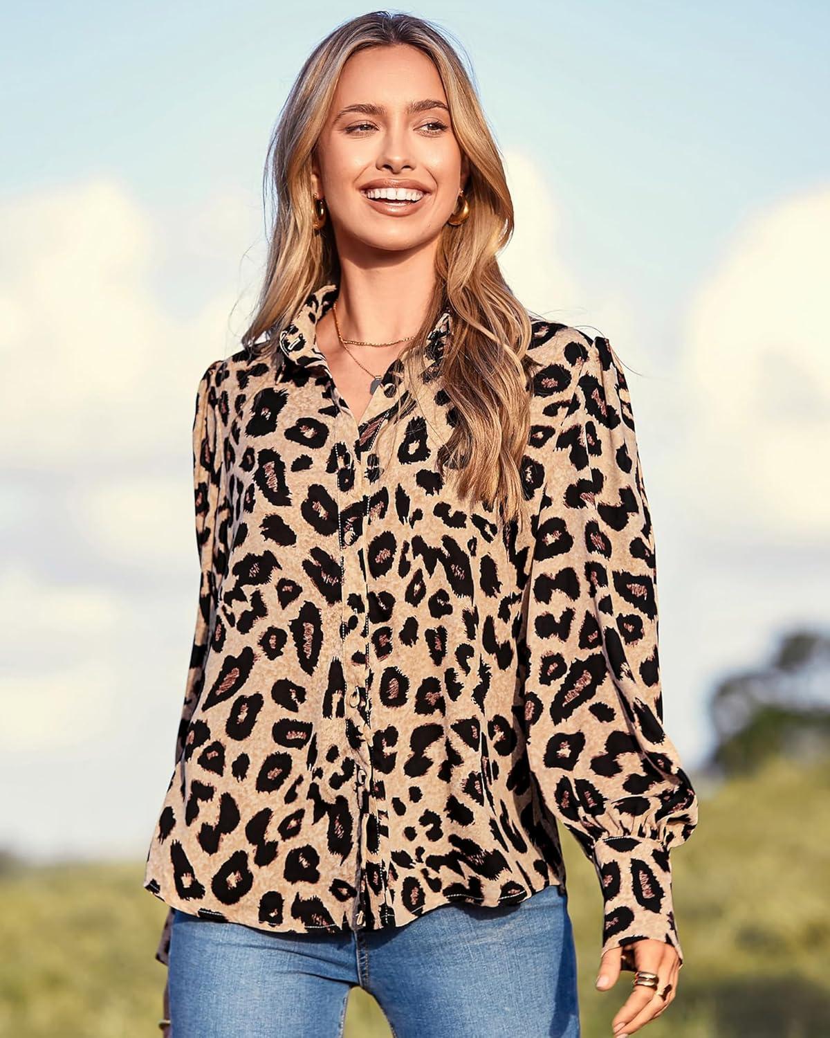 imageBTFBM Women Fashion Button Down Shirts V Neck Printed Solid Boho Long Sleeve Blouses Dressy Casual Summer Fall TopsLeopard Print