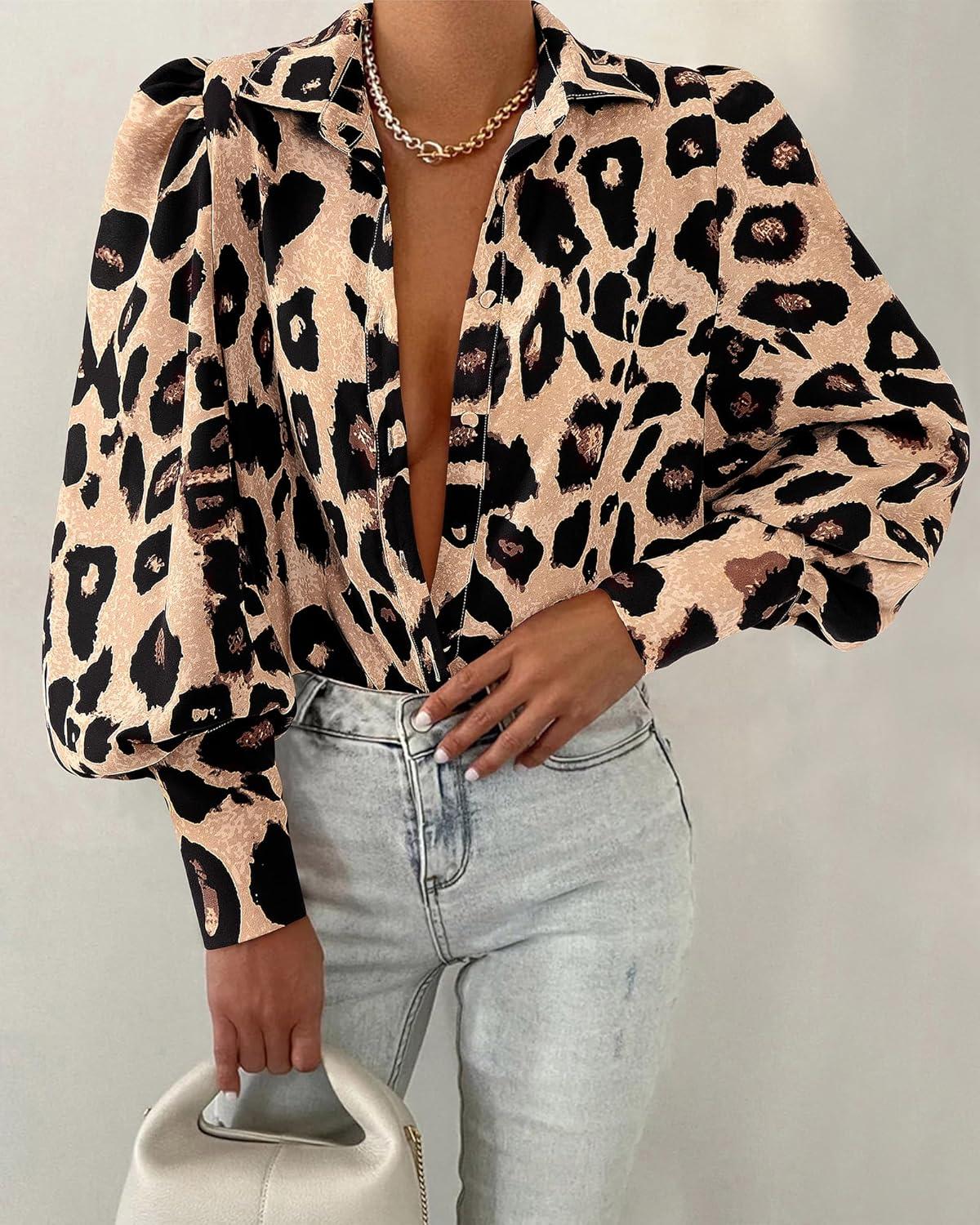 imageBTFBM Women Fashion Button Down Shirts V Neck Printed Solid Boho Long Sleeve Blouses Dressy Casual Summer Fall TopsLeopard Print