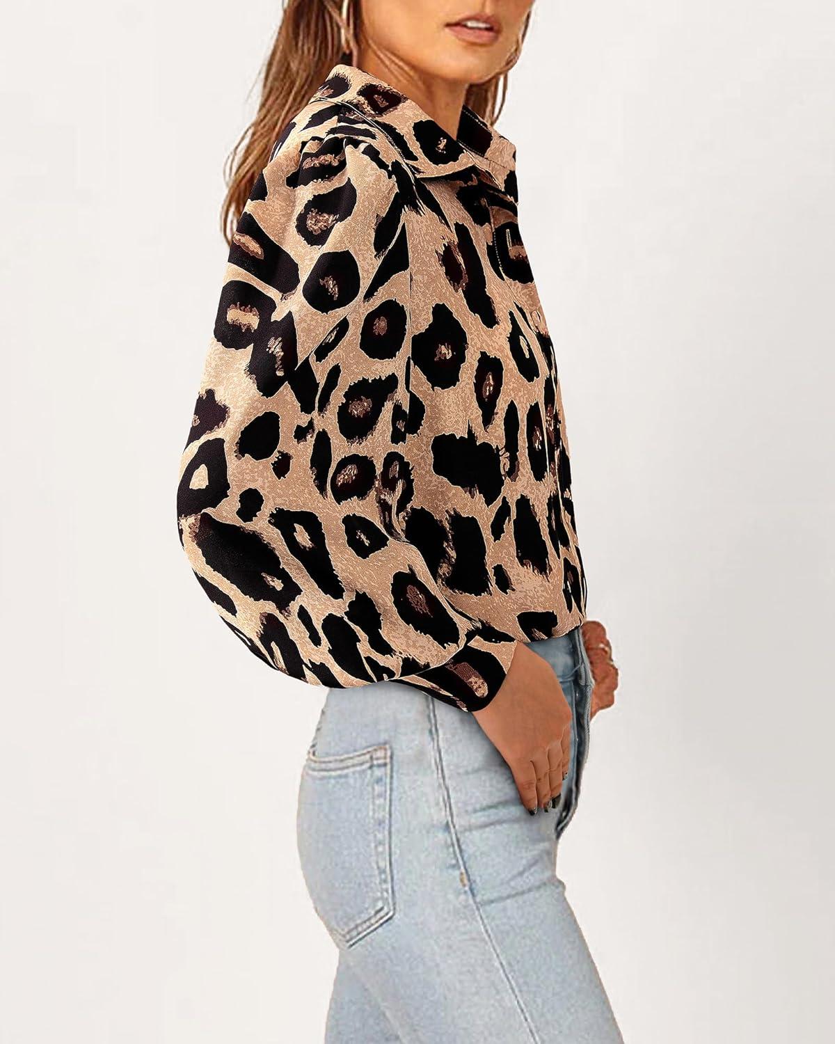imageBTFBM Women Fashion Button Down Shirts V Neck Printed Solid Boho Long Sleeve Blouses Dressy Casual Summer Fall TopsLeopard Print