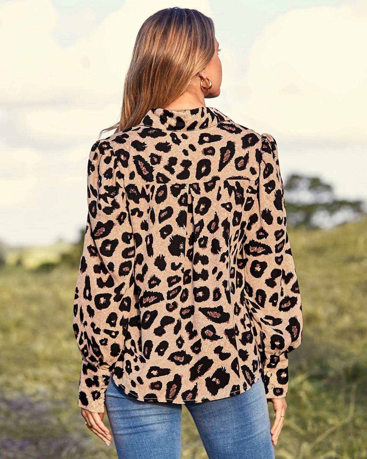 imageBTFBM Women Fashion Button Down Shirts V Neck Printed Solid Boho Long Sleeve Blouses Dressy Casual Summer Fall TopsLeopard Print
