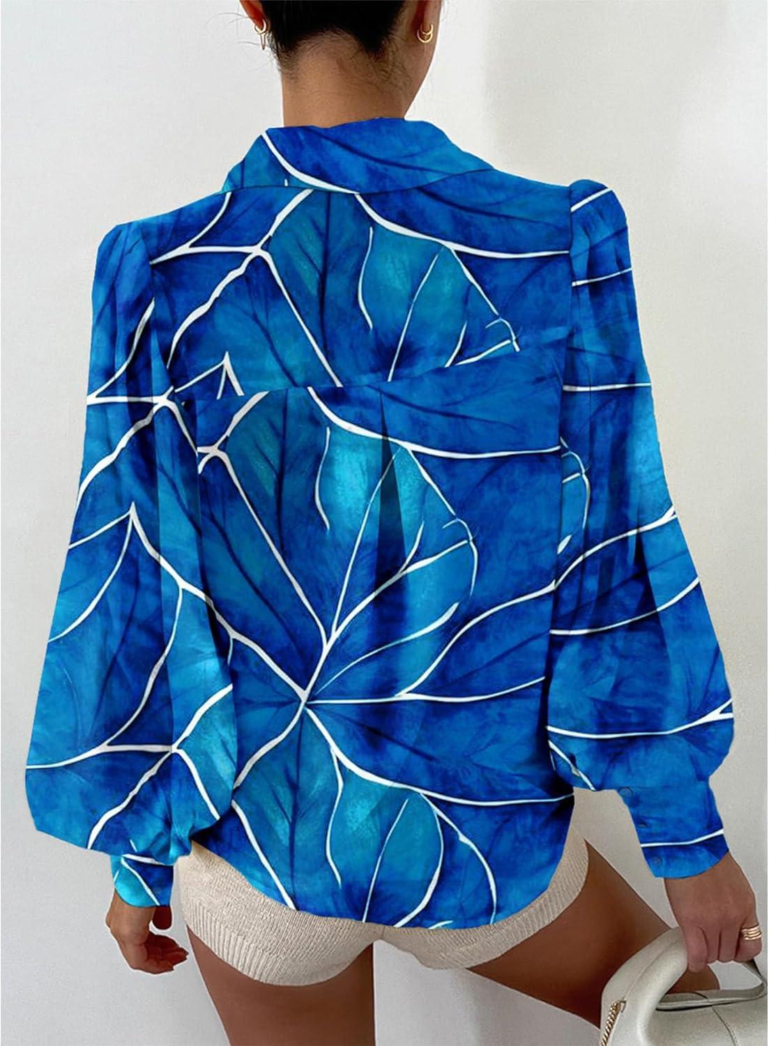 imageBTFBM Women Fashion Button Down Shirts V Neck Printed Solid Boho Long Sleeve Blouses Dressy Casual Summer Fall TopsMulti Blue