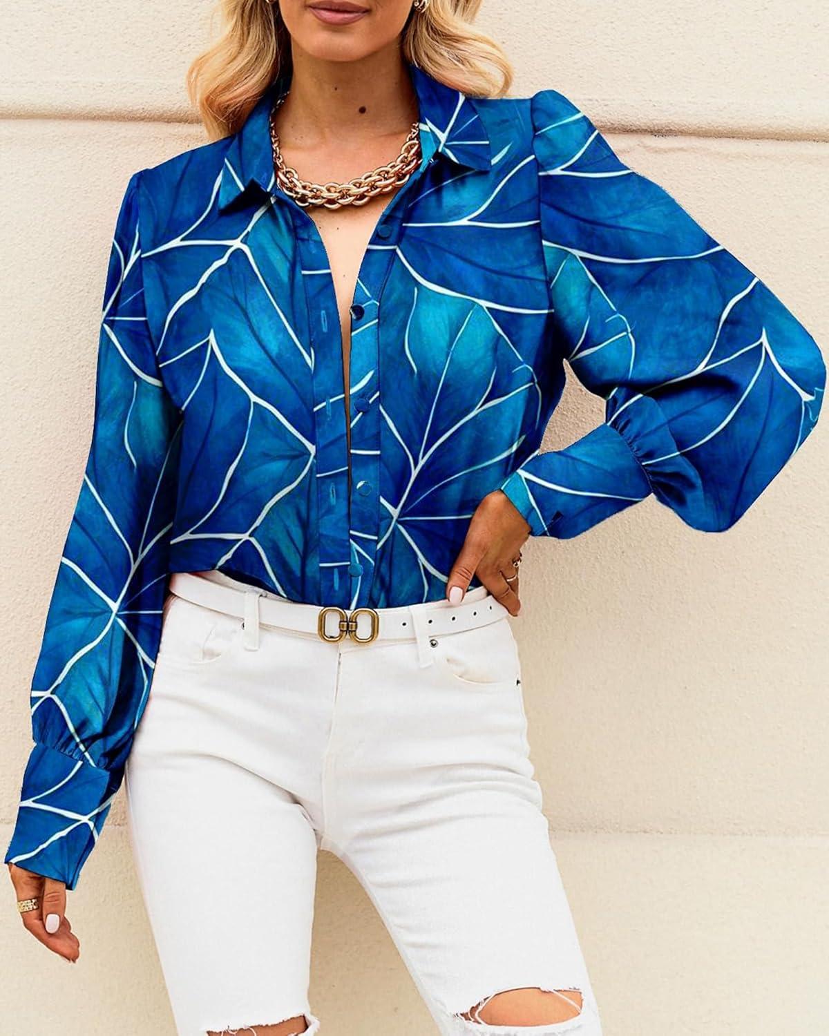 imageBTFBM Women Fashion Button Down Shirts V Neck Printed Solid Boho Long Sleeve Blouses Dressy Casual Summer Fall TopsMulti Blue