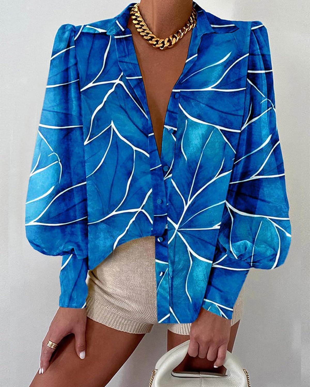 imageBTFBM Women Fashion Button Down Shirts V Neck Printed Solid Boho Long Sleeve Blouses Dressy Casual Summer Fall TopsMulti Blue