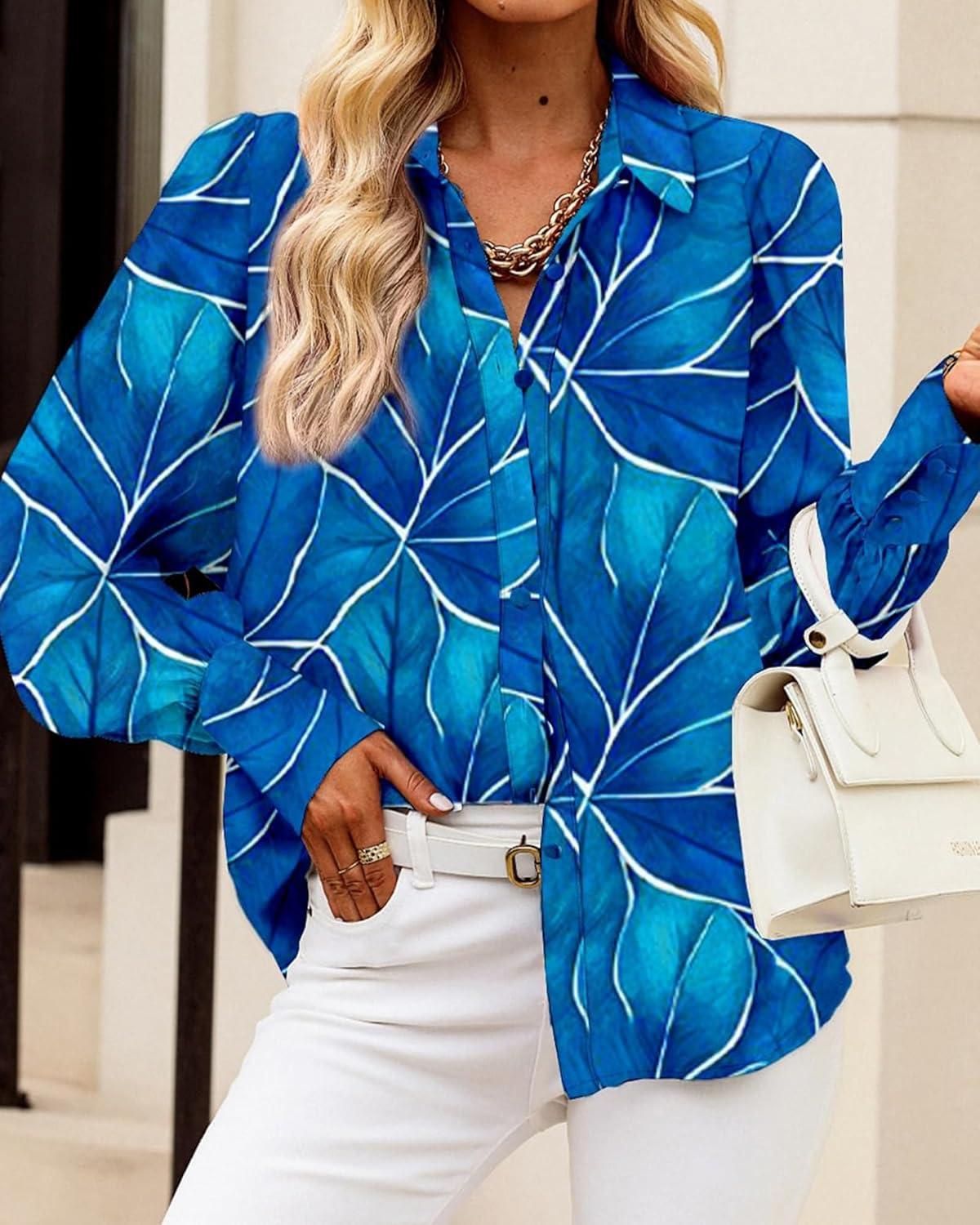 imageBTFBM Women Fashion Button Down Shirts V Neck Printed Solid Boho Long Sleeve Blouses Dressy Casual Summer Fall TopsMulti Blue