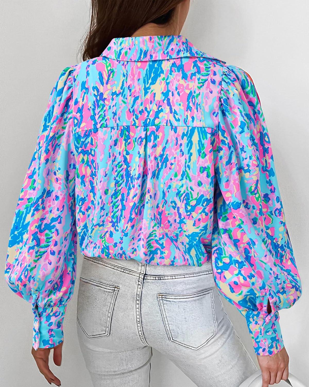 imageBTFBM Women Fashion Button Down Shirts V Neck Printed Solid Boho Long Sleeve Blouses Dressy Casual Summer Fall TopsMulti Blue Pink