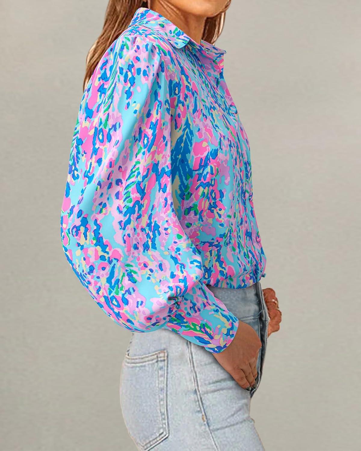 imageBTFBM Women Fashion Button Down Shirts V Neck Printed Solid Boho Long Sleeve Blouses Dressy Casual Summer Fall TopsMulti Blue Pink