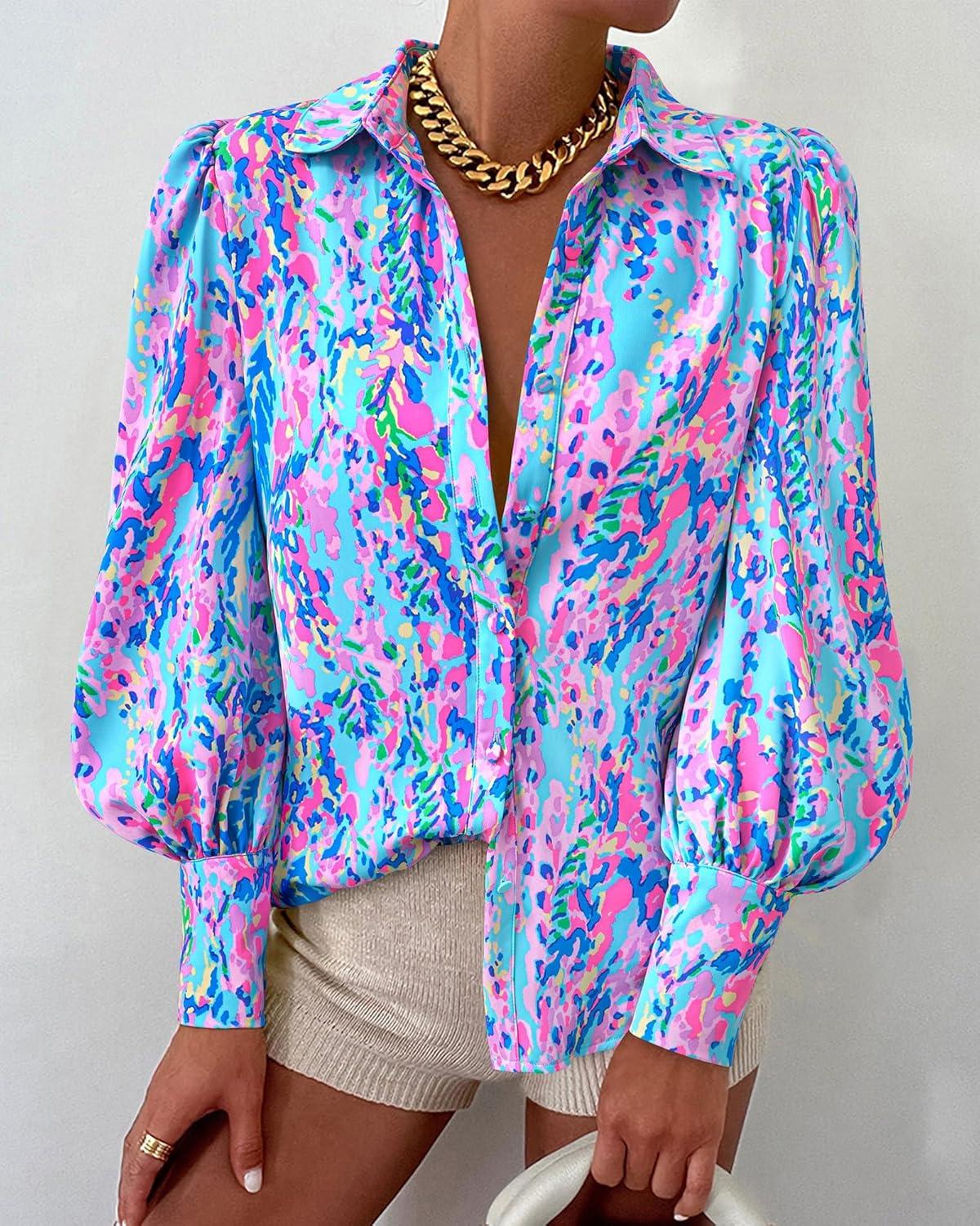imageBTFBM Women Fashion Button Down Shirts V Neck Printed Solid Boho Long Sleeve Blouses Dressy Casual Summer Fall TopsMulti Blue Pink