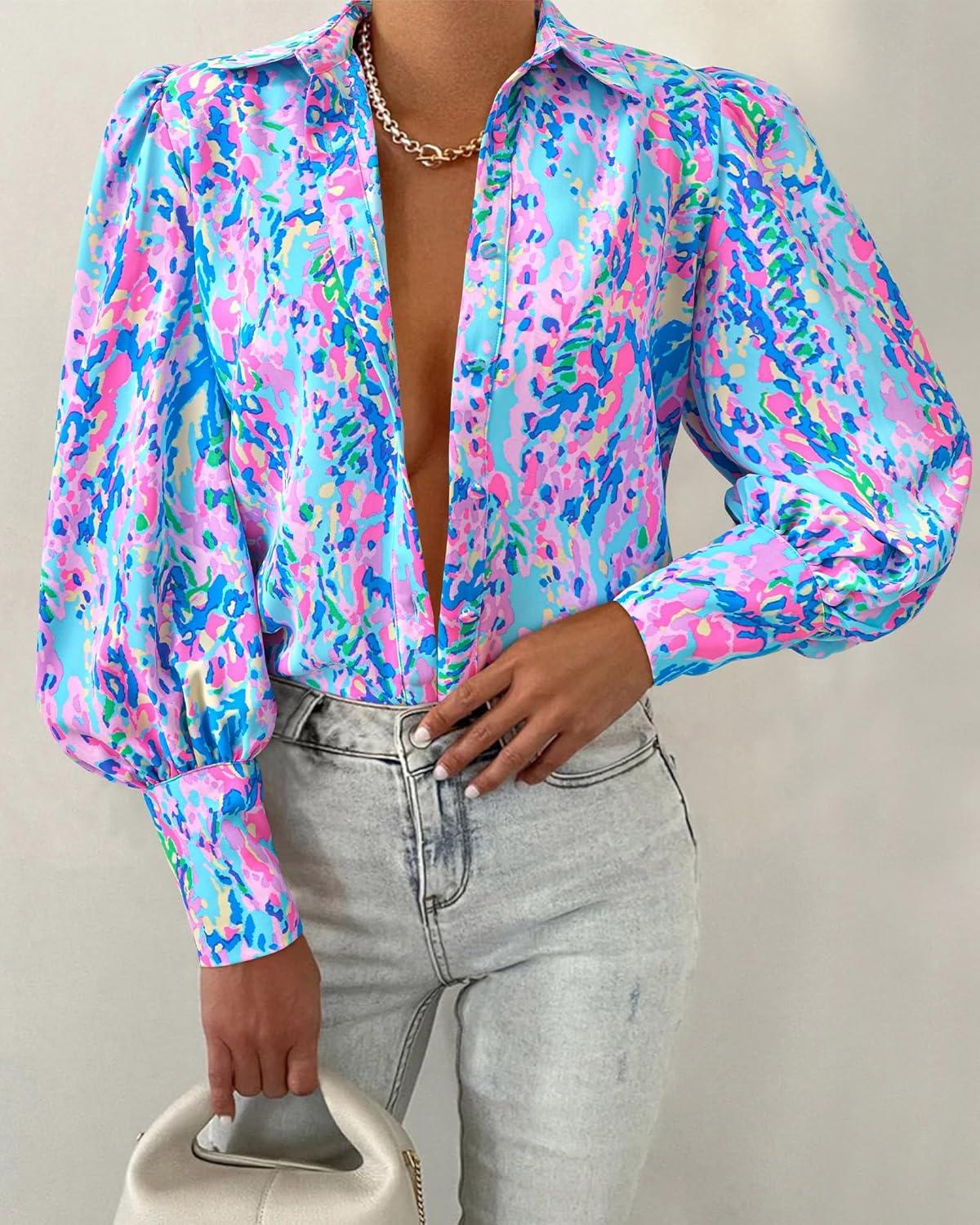 imageBTFBM Women Fashion Button Down Shirts V Neck Printed Solid Boho Long Sleeve Blouses Dressy Casual Summer Fall TopsMulti Blue Pink