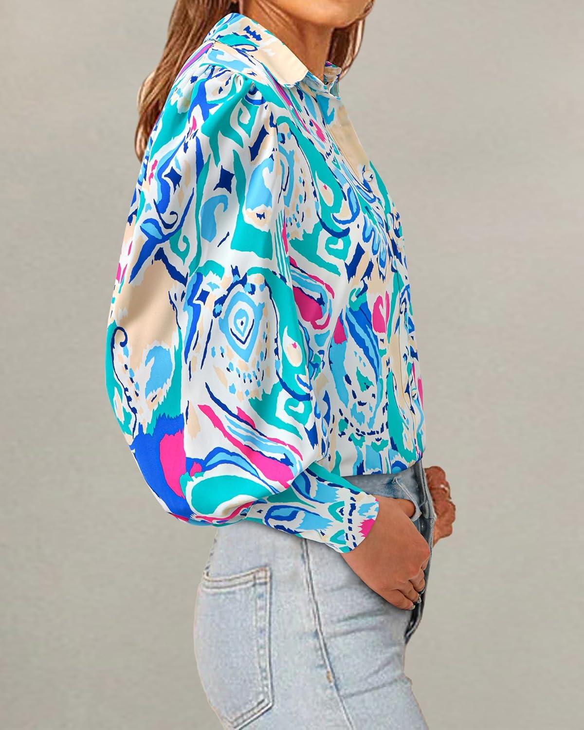 imageBTFBM Women Fashion Button Down Shirts V Neck Printed Solid Boho Long Sleeve Blouses Dressy Casual Summer Fall TopsMulti Green Blue