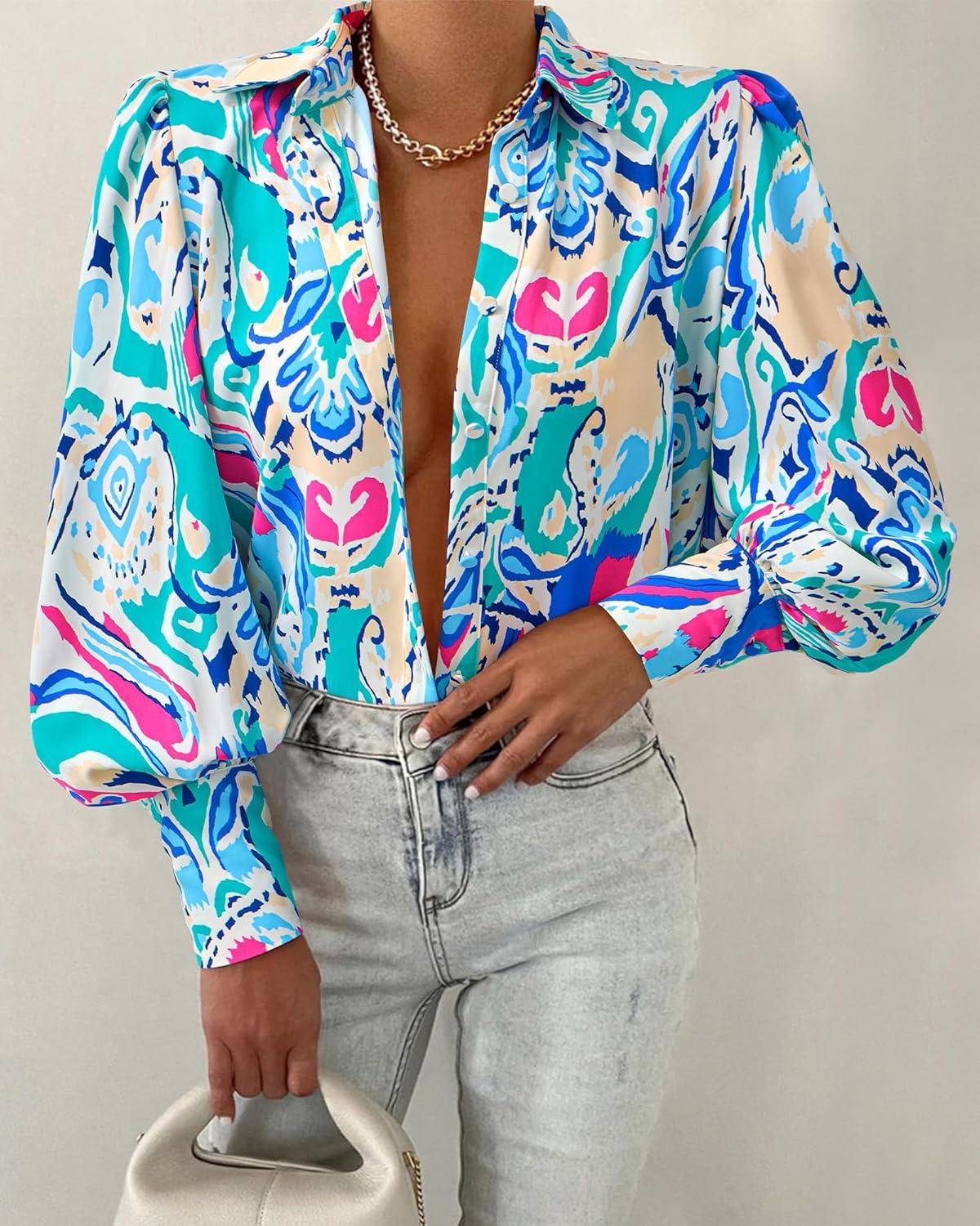 imageBTFBM Women Fashion Button Down Shirts V Neck Printed Solid Boho Long Sleeve Blouses Dressy Casual Summer Fall TopsMulti Green Blue