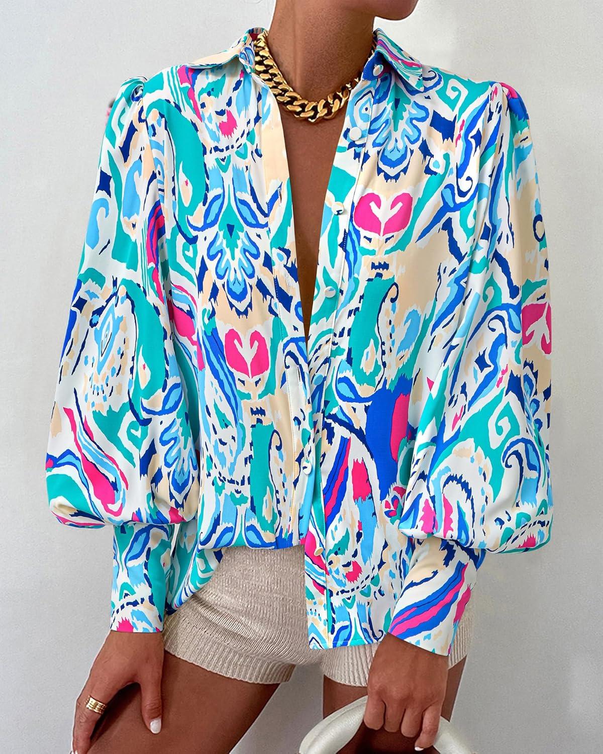 imageBTFBM Women Fashion Button Down Shirts V Neck Printed Solid Boho Long Sleeve Blouses Dressy Casual Summer Fall TopsMulti Green Blue