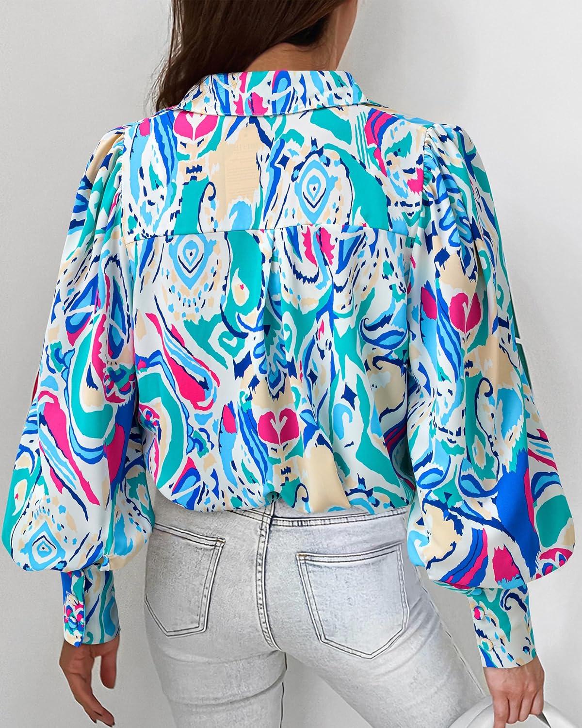 imageBTFBM Women Fashion Button Down Shirts V Neck Printed Solid Boho Long Sleeve Blouses Dressy Casual Summer Fall TopsMulti Green Blue