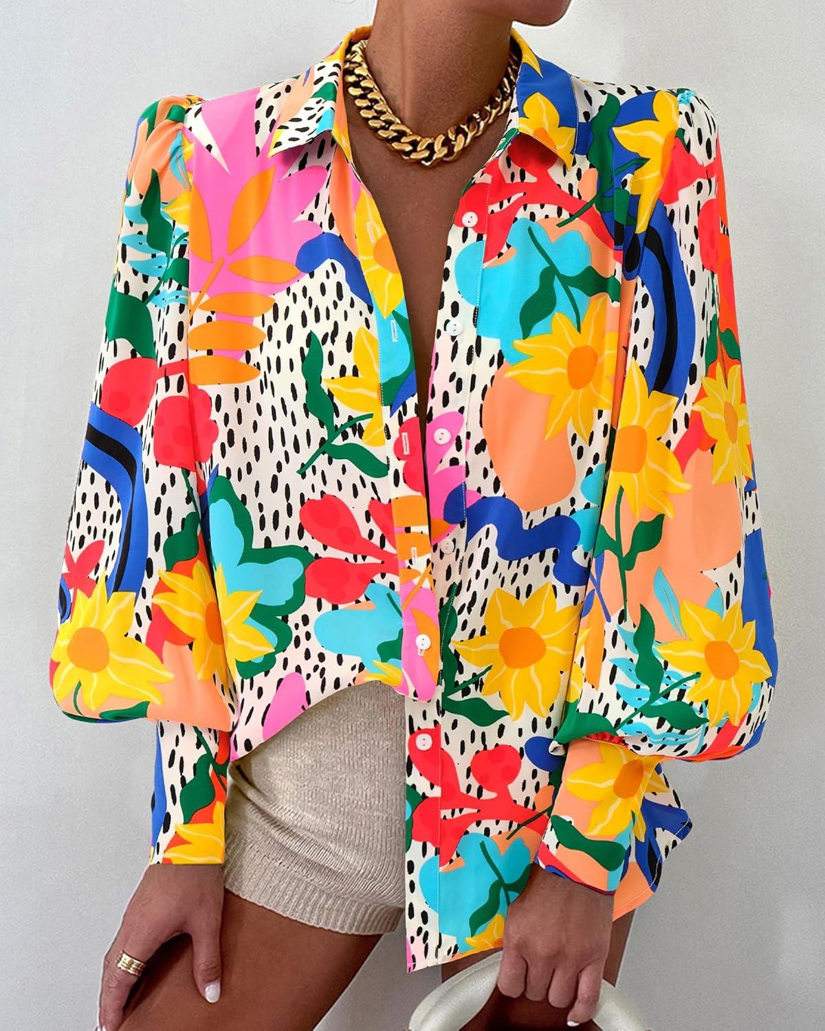 imageBTFBM Women Fashion Button Down Shirts V Neck Printed Solid Boho Long Sleeve Blouses Dressy Casual Summer Fall TopsMulti Orange