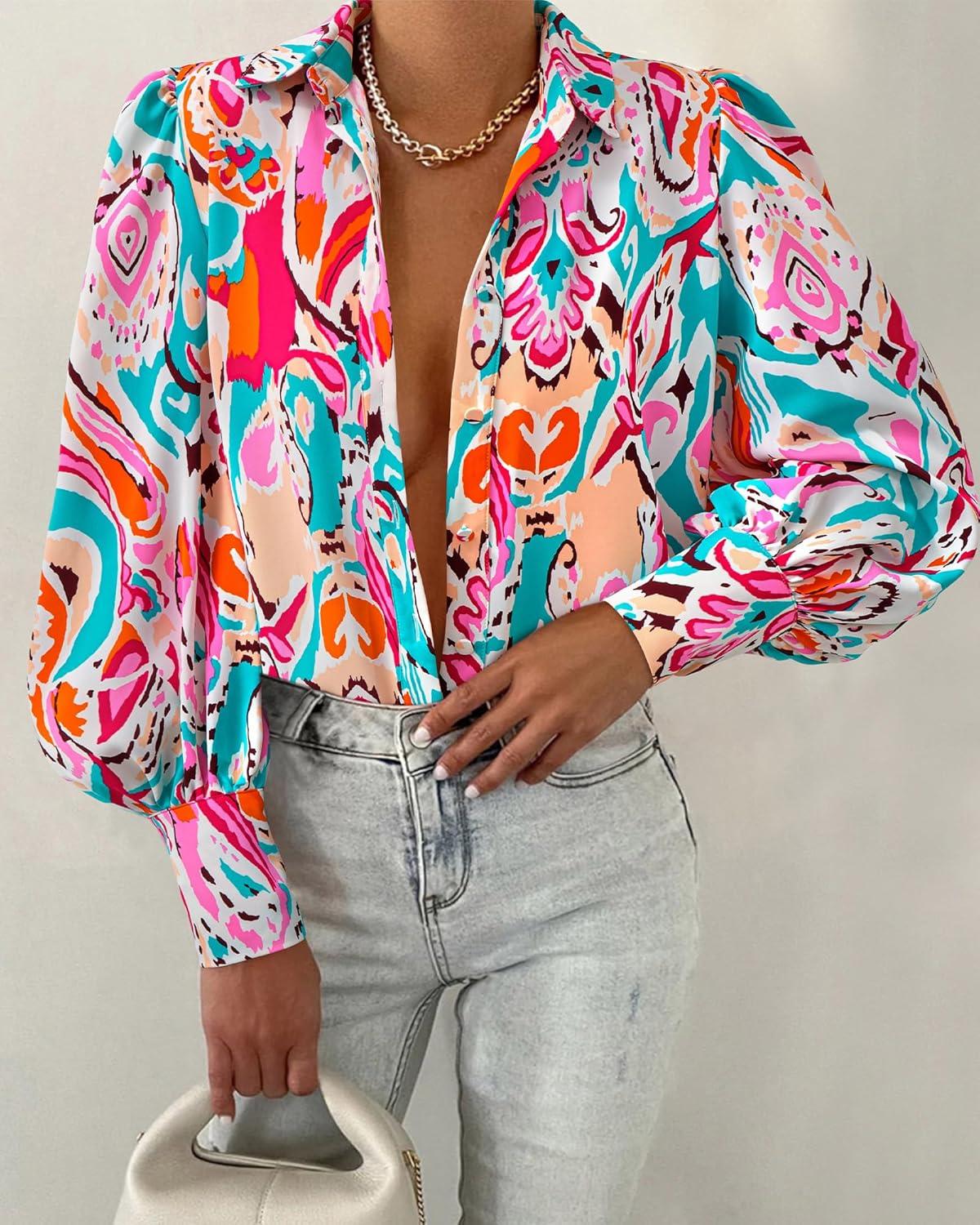imageBTFBM Women Fashion Button Down Shirts V Neck Printed Solid Boho Long Sleeve Blouses Dressy Casual Summer Fall TopsMulti Pink Green