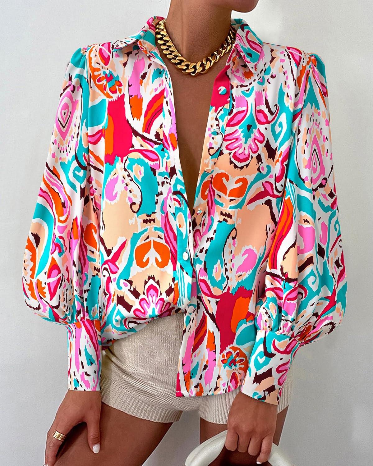 imageBTFBM Women Fashion Button Down Shirts V Neck Printed Solid Boho Long Sleeve Blouses Dressy Casual Summer Fall TopsMulti Pink Green