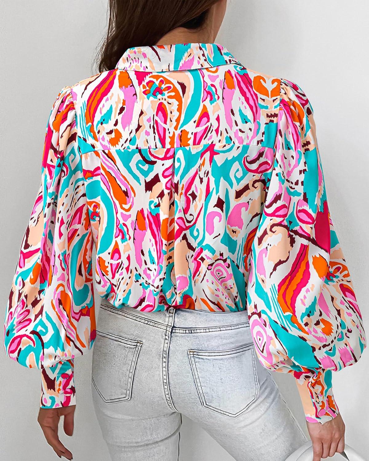 imageBTFBM Women Fashion Button Down Shirts V Neck Printed Solid Boho Long Sleeve Blouses Dressy Casual Summer Fall TopsMulti Pink Green