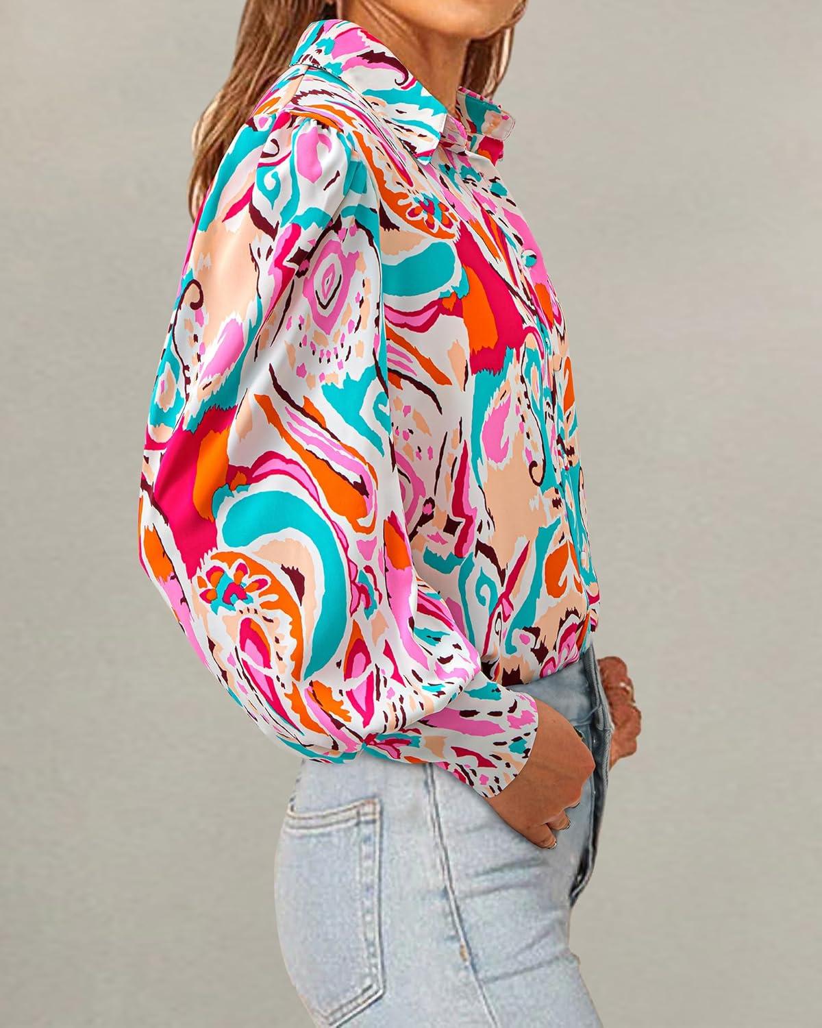 imageBTFBM Women Fashion Button Down Shirts V Neck Printed Solid Boho Long Sleeve Blouses Dressy Casual Summer Fall TopsMulti Pink Green