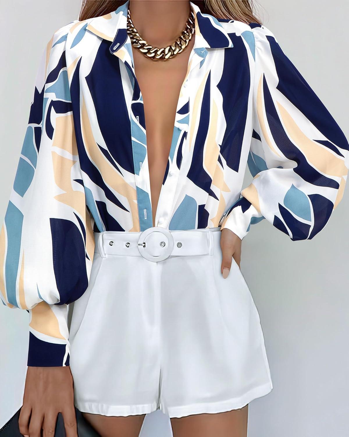 imageBTFBM Women Fashion Button Down Shirts V Neck Printed Solid Boho Long Sleeve Blouses Dressy Casual Summer Fall TopsPrint Navy