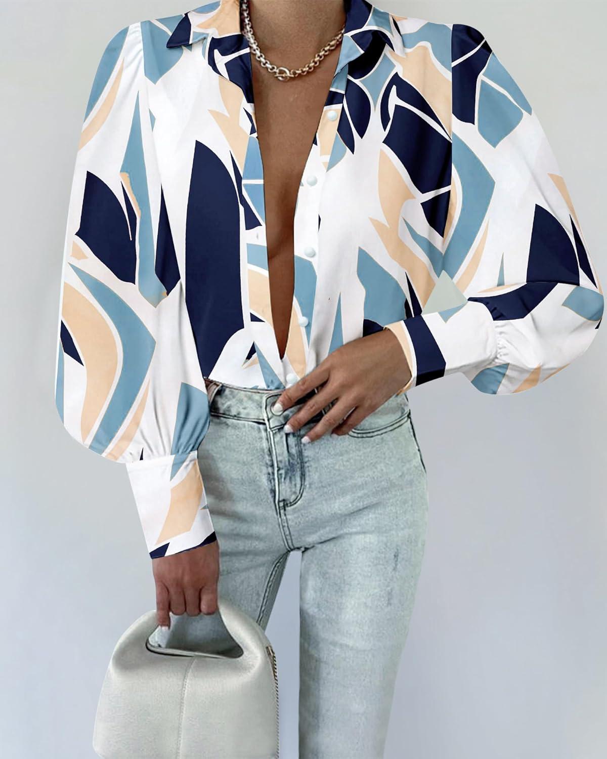 imageBTFBM Women Fashion Button Down Shirts V Neck Printed Solid Boho Long Sleeve Blouses Dressy Casual Summer Fall TopsPrint Navy