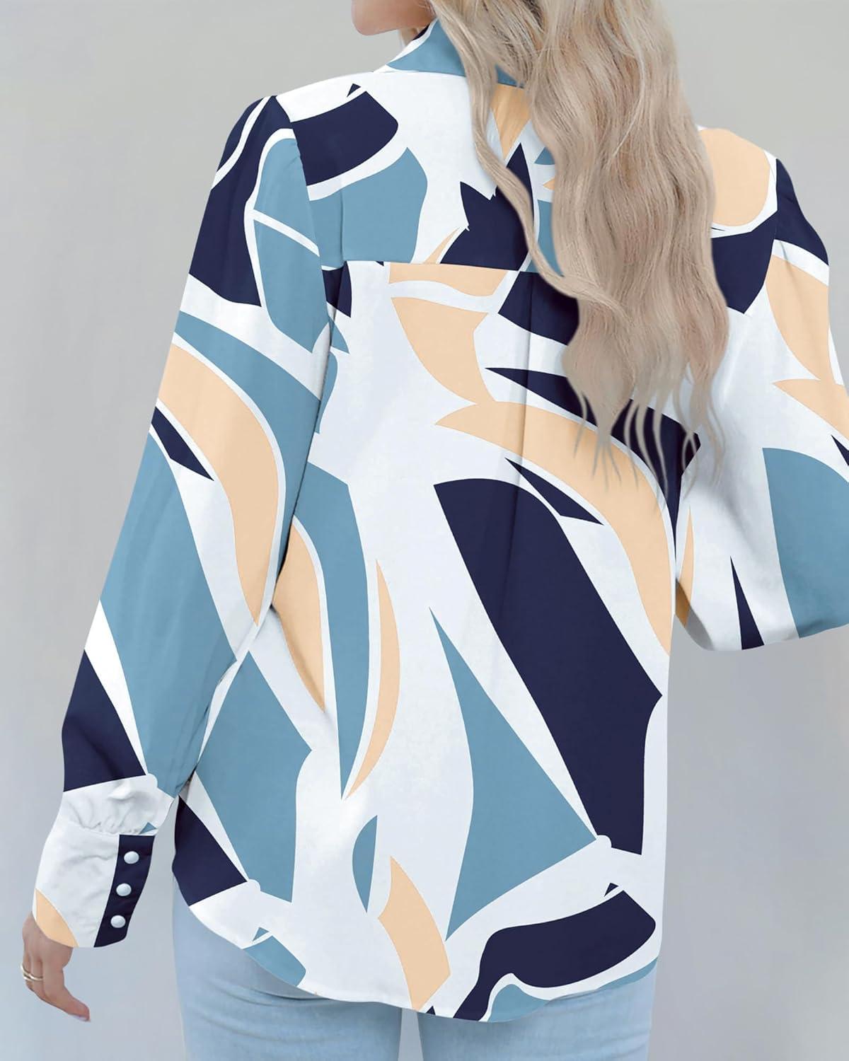 imageBTFBM Women Fashion Button Down Shirts V Neck Printed Solid Boho Long Sleeve Blouses Dressy Casual Summer Fall TopsPrint Navy