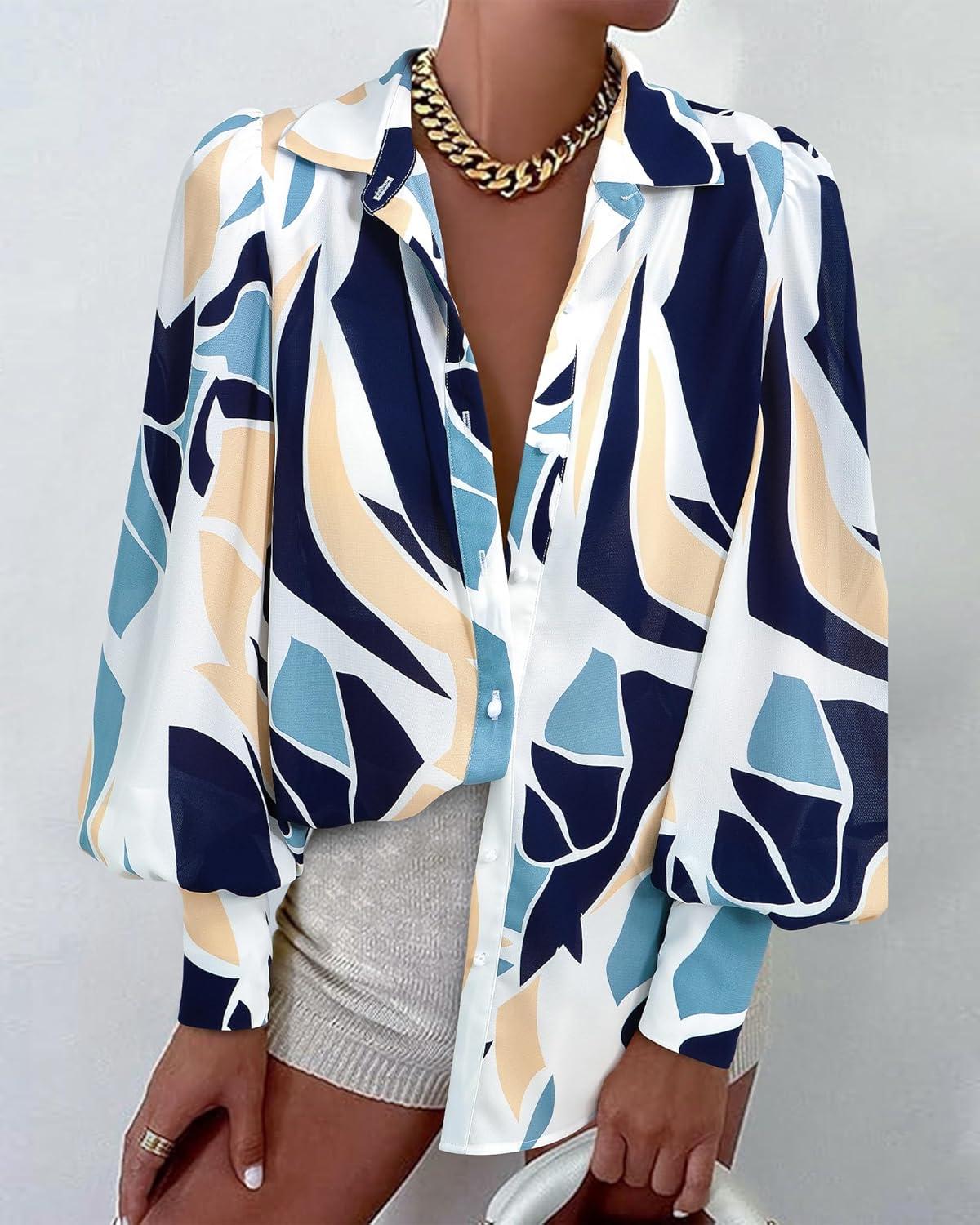 imageBTFBM Women Fashion Button Down Shirts V Neck Printed Solid Boho Long Sleeve Blouses Dressy Casual Summer Fall TopsPrint Navy