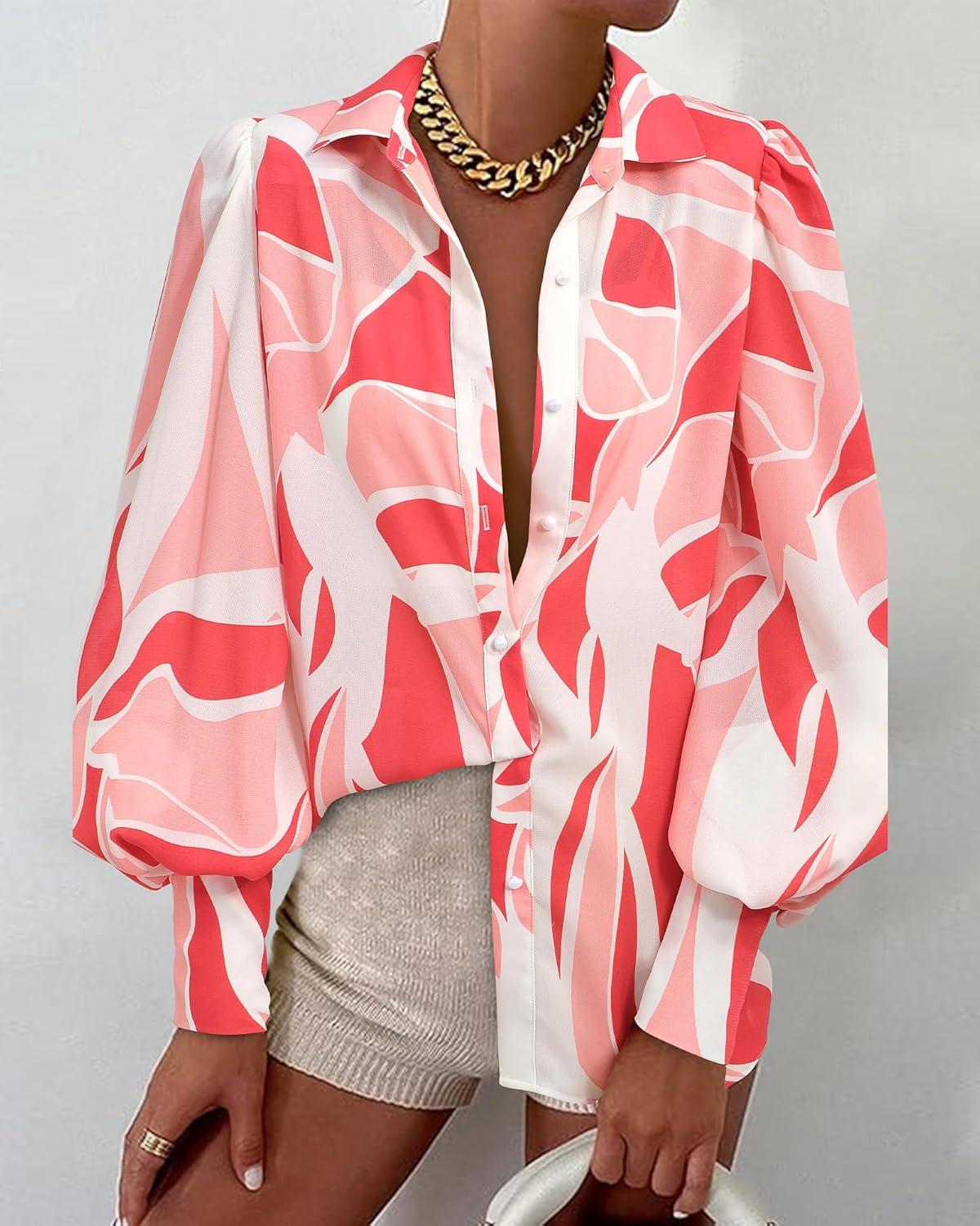 imageBTFBM Women Fashion Button Down Shirts V Neck Printed Solid Boho Long Sleeve Blouses Dressy Casual Summer Fall TopsPrint Pink