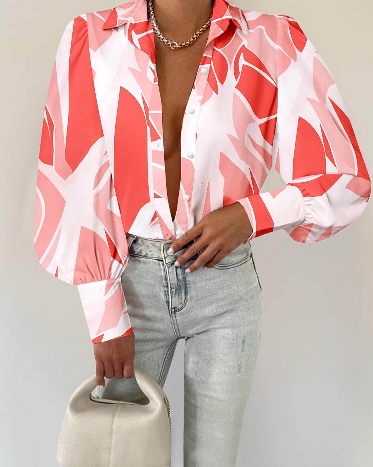 imageBTFBM Women Fashion Button Down Shirts V Neck Printed Solid Boho Long Sleeve Blouses Dressy Casual Summer Fall TopsPrint Pink
