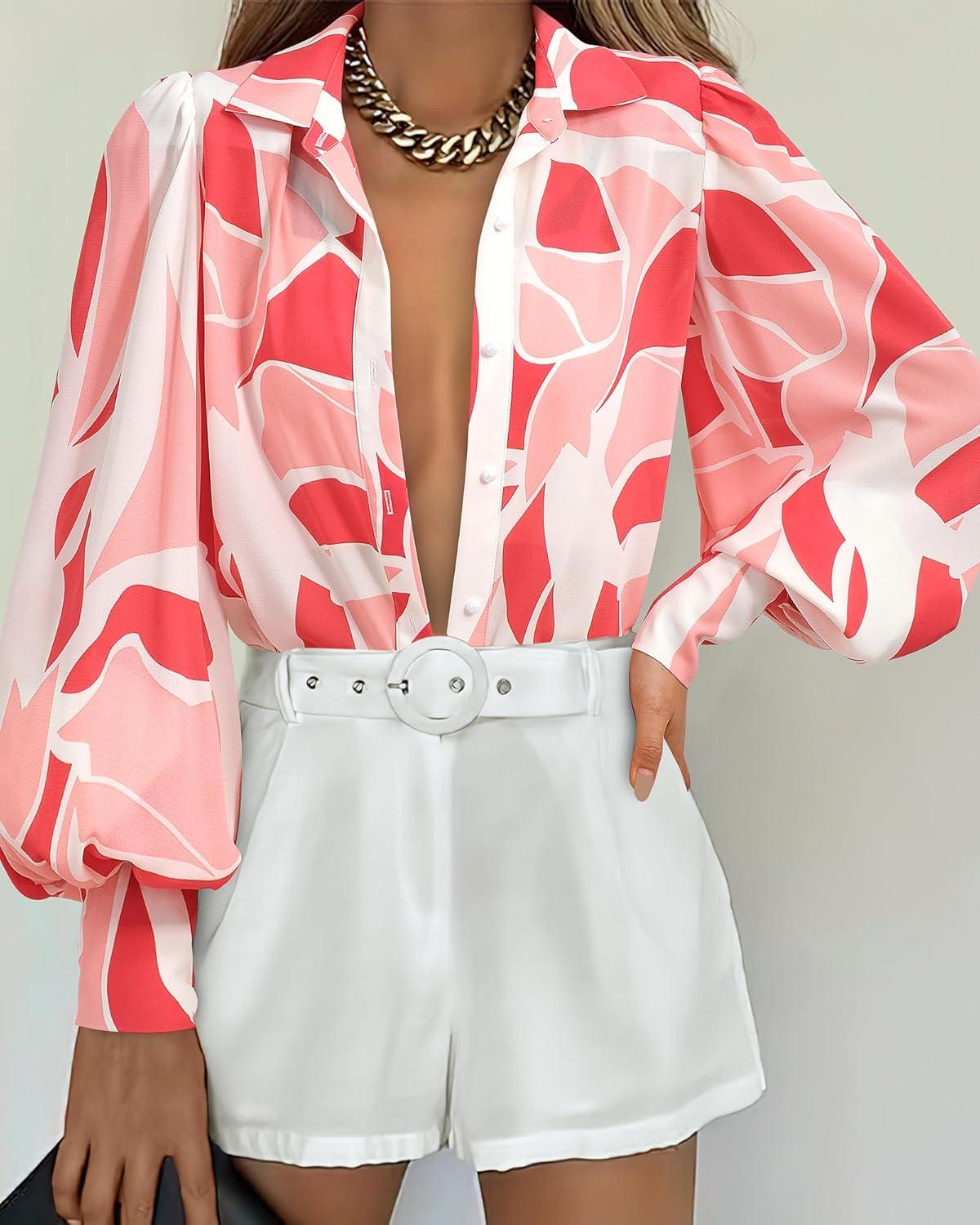 imageBTFBM Women Fashion Button Down Shirts V Neck Printed Solid Boho Long Sleeve Blouses Dressy Casual Summer Fall TopsPrint Pink
