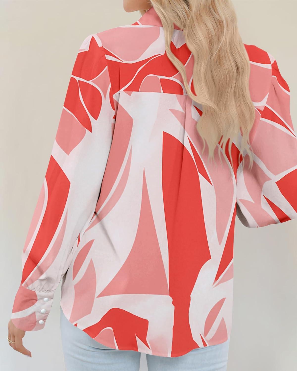 imageBTFBM Women Fashion Button Down Shirts V Neck Printed Solid Boho Long Sleeve Blouses Dressy Casual Summer Fall TopsPrint Pink