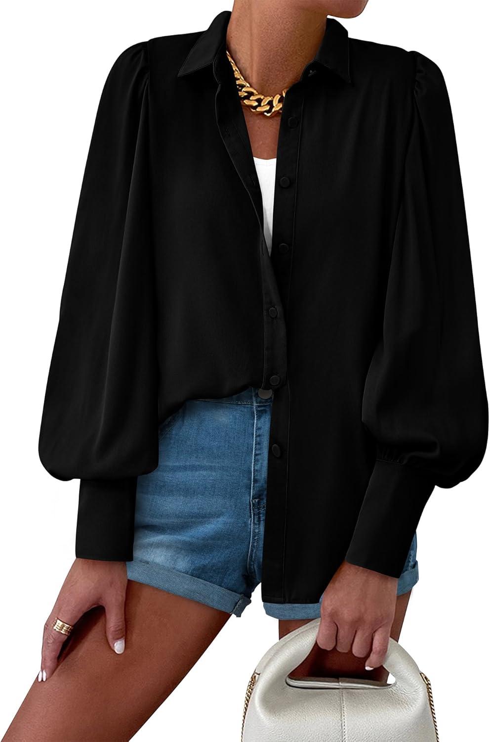 imageBTFBM Women Fashion Button Down Shirts V Neck Printed Solid Boho Long Sleeve Blouses Dressy Casual Summer Fall TopsSolid Black
