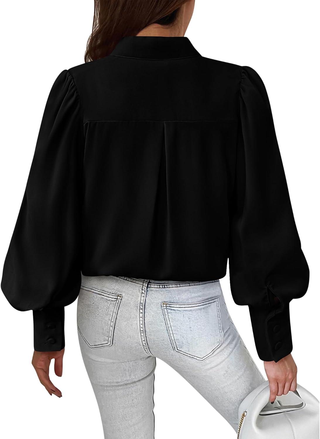 imageBTFBM Women Fashion Button Down Shirts V Neck Printed Solid Boho Long Sleeve Blouses Dressy Casual Summer Fall TopsSolid Black