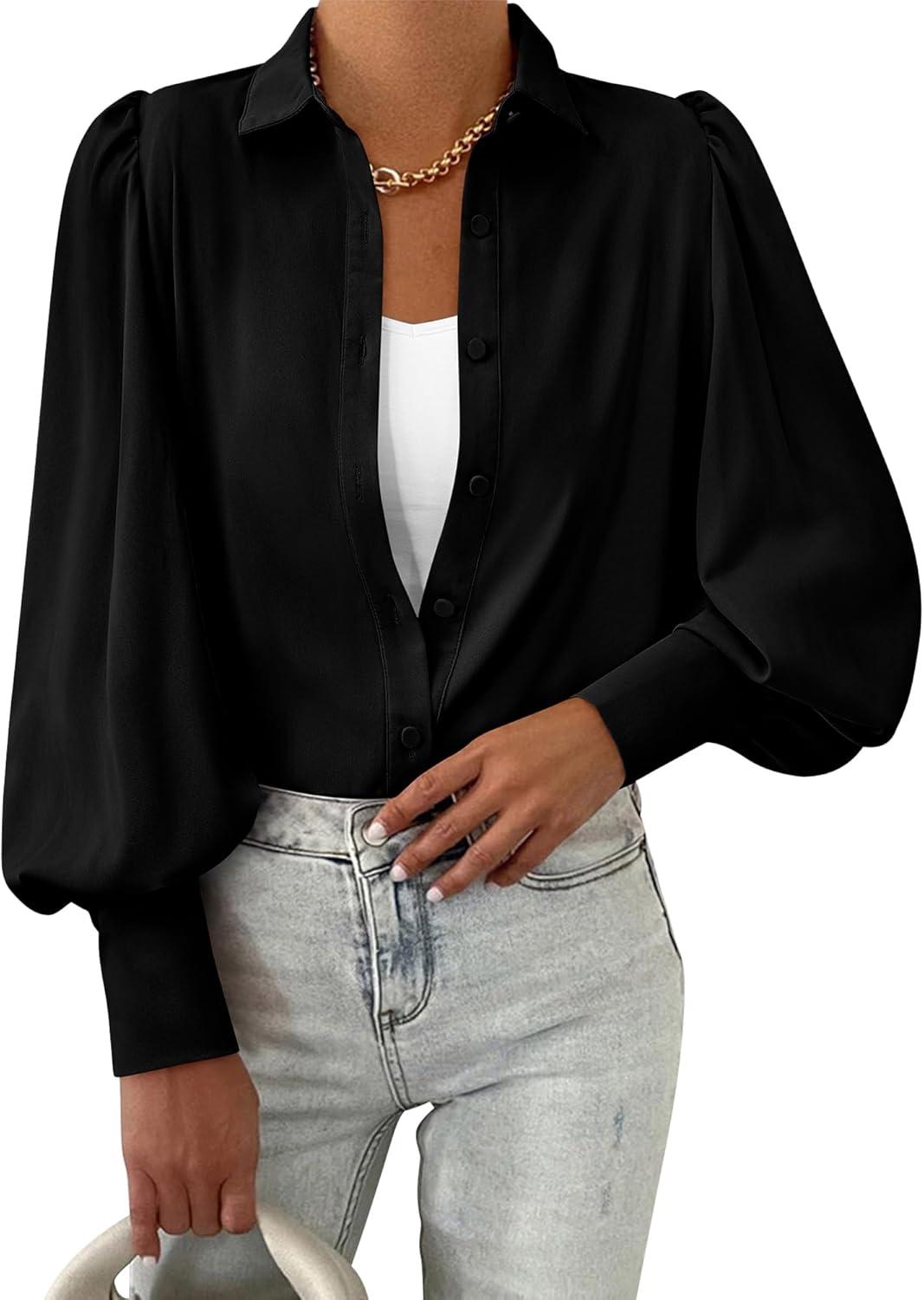imageBTFBM Women Fashion Button Down Shirts V Neck Printed Solid Boho Long Sleeve Blouses Dressy Casual Summer Fall TopsSolid Black