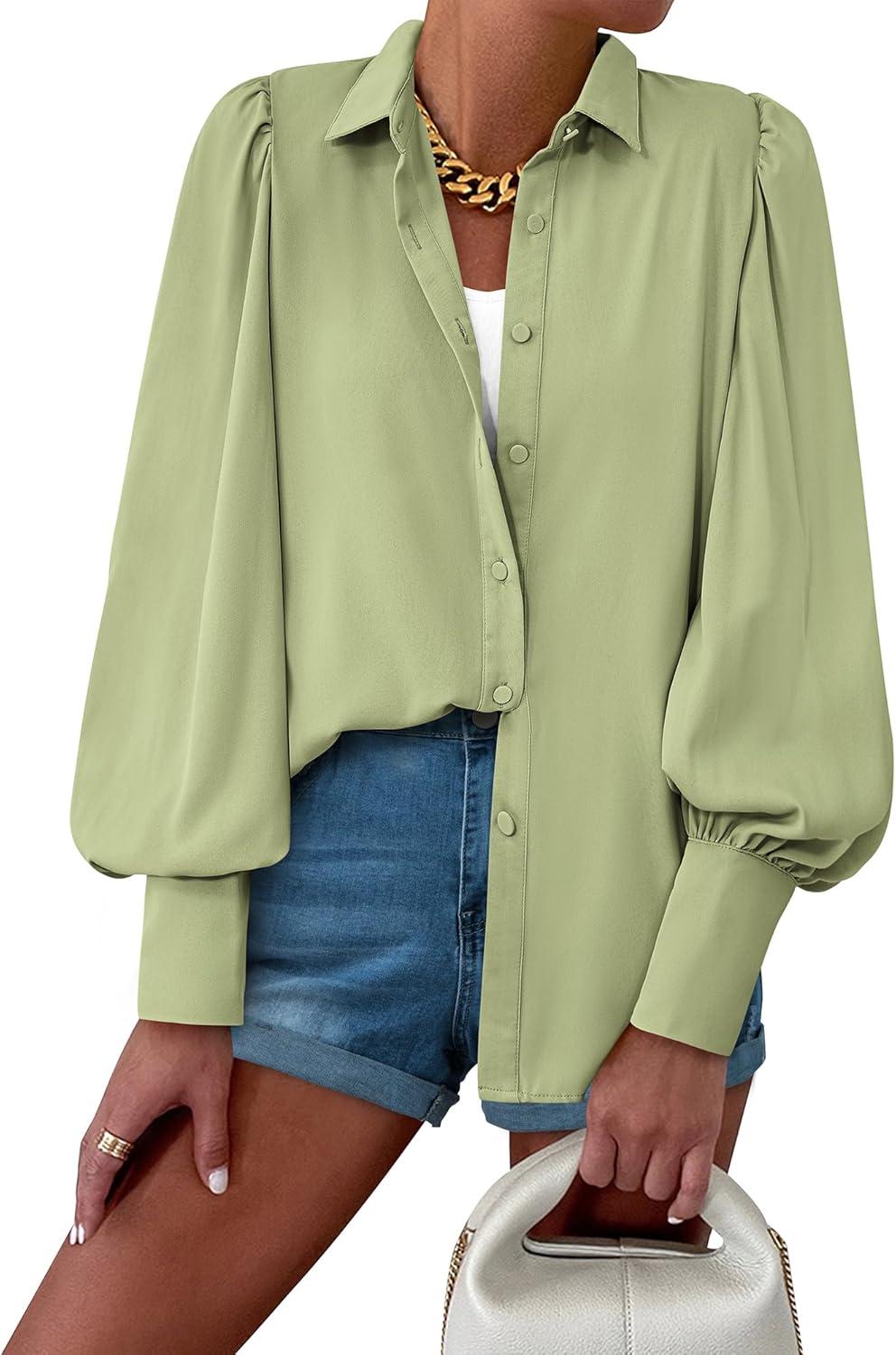 imageBTFBM Women Fashion Button Down Shirts V Neck Printed Solid Boho Long Sleeve Blouses Dressy Casual Summer Fall TopsSolid Green