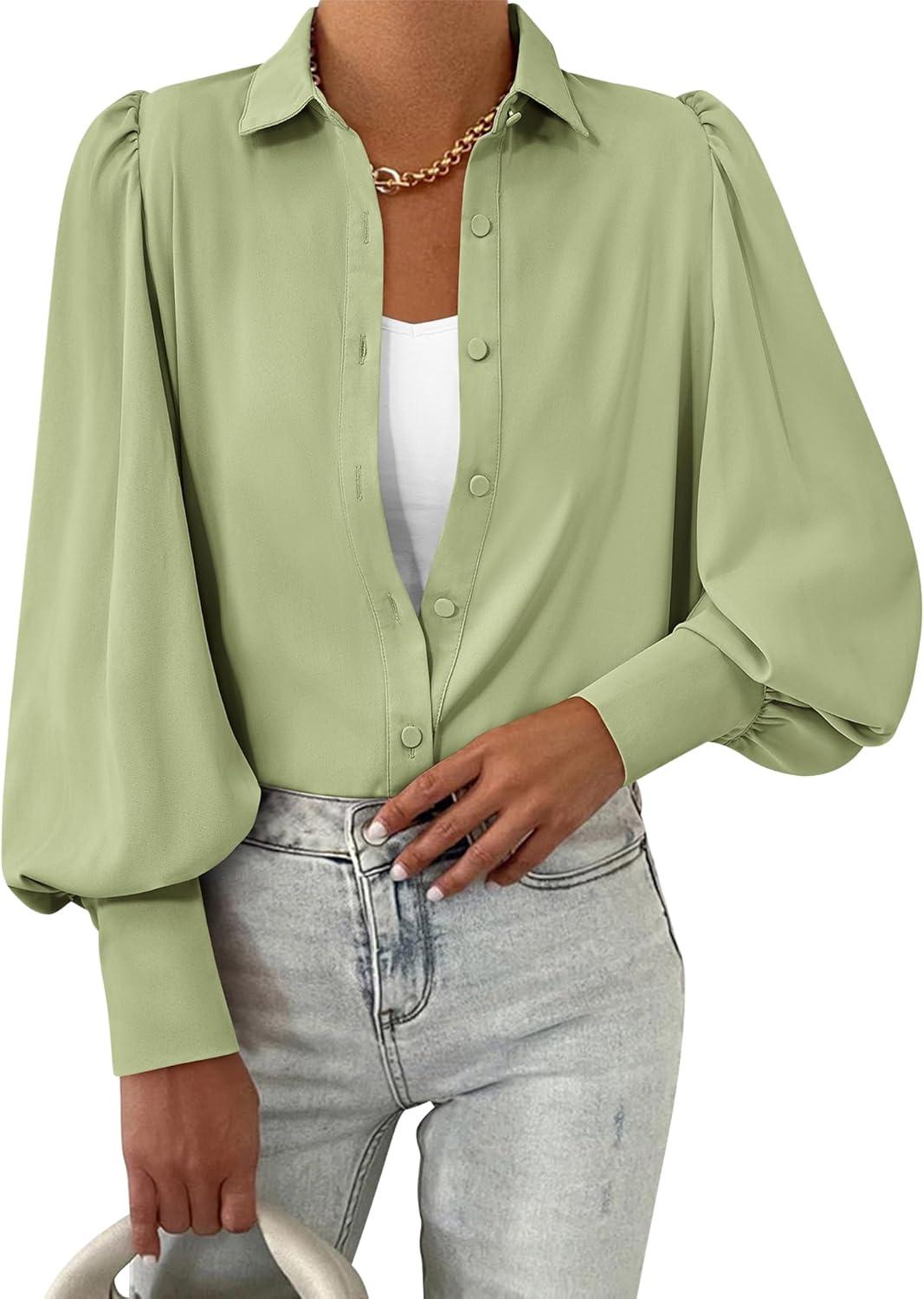 imageBTFBM Women Fashion Button Down Shirts V Neck Printed Solid Boho Long Sleeve Blouses Dressy Casual Summer Fall TopsSolid Green