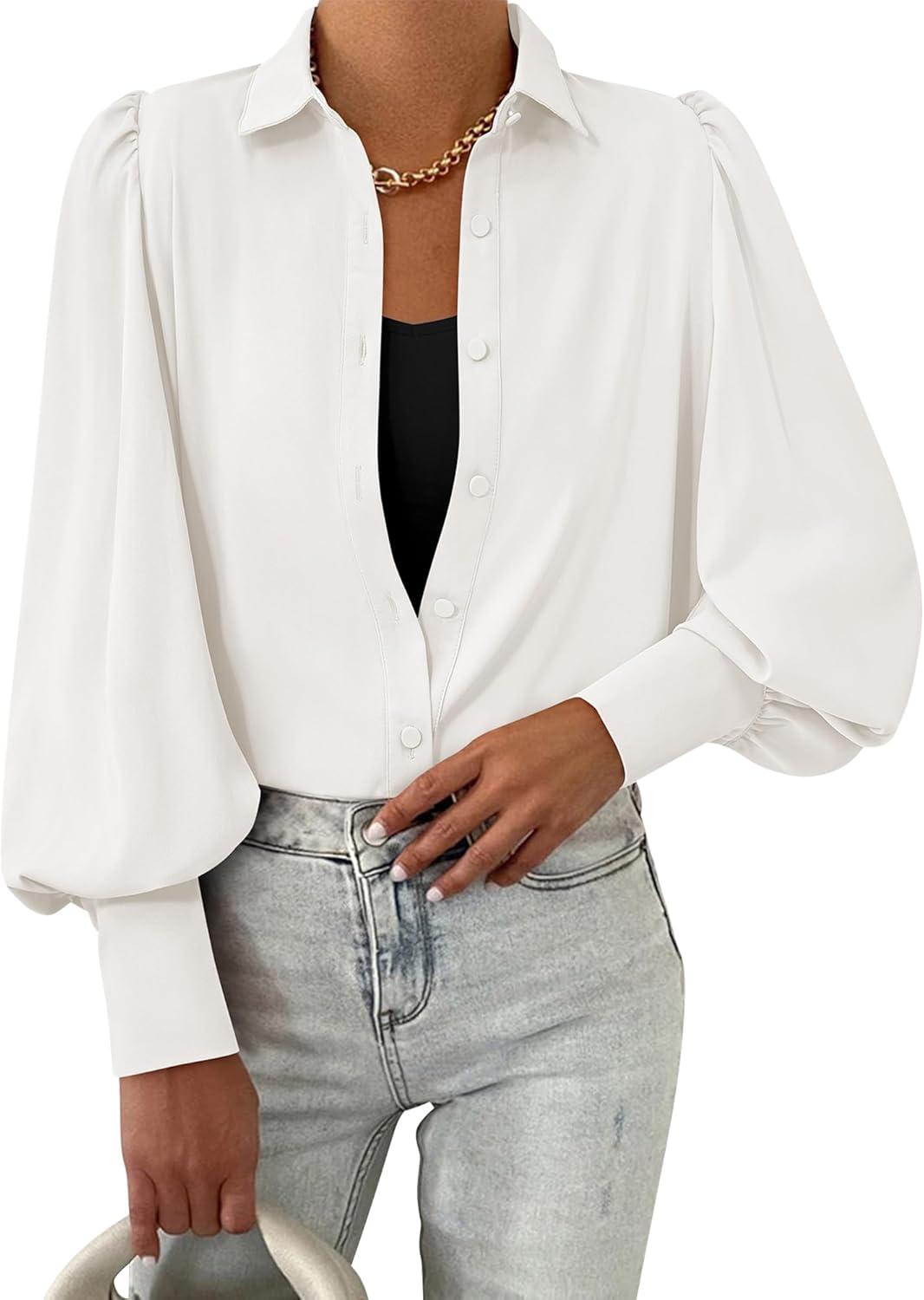 imageBTFBM Women Fashion Button Down Shirts V Neck Printed Solid Boho Long Sleeve Blouses Dressy Casual Summer Fall TopsSolid White