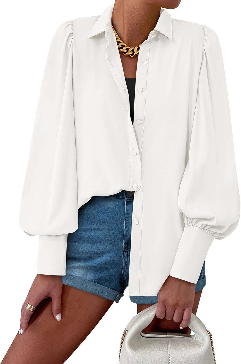 imageBTFBM Women Fashion Button Down Shirts V Neck Printed Solid Boho Long Sleeve Blouses Dressy Casual Summer Fall TopsSolid White