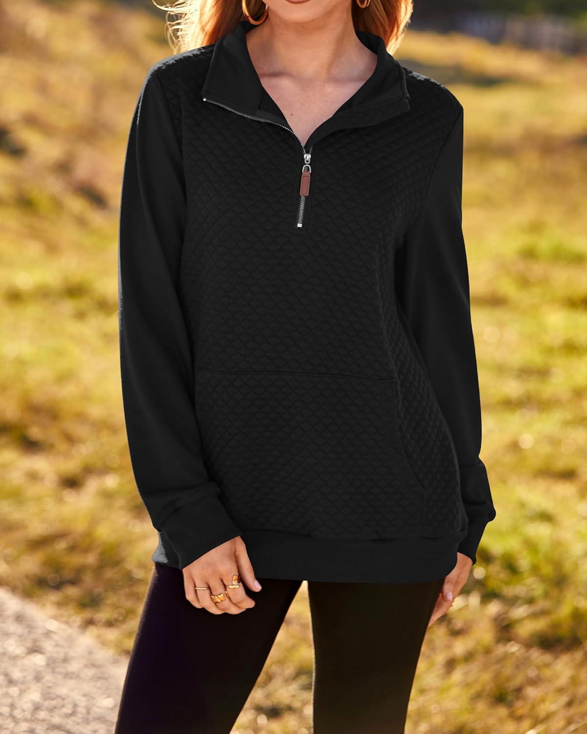 imageBTFBM Women Fashion Quilted Pattern Lightweight Zipper Long Sleeve Plain Casual Ladies Sweatshirts Pullovers Shirts TopsBlack