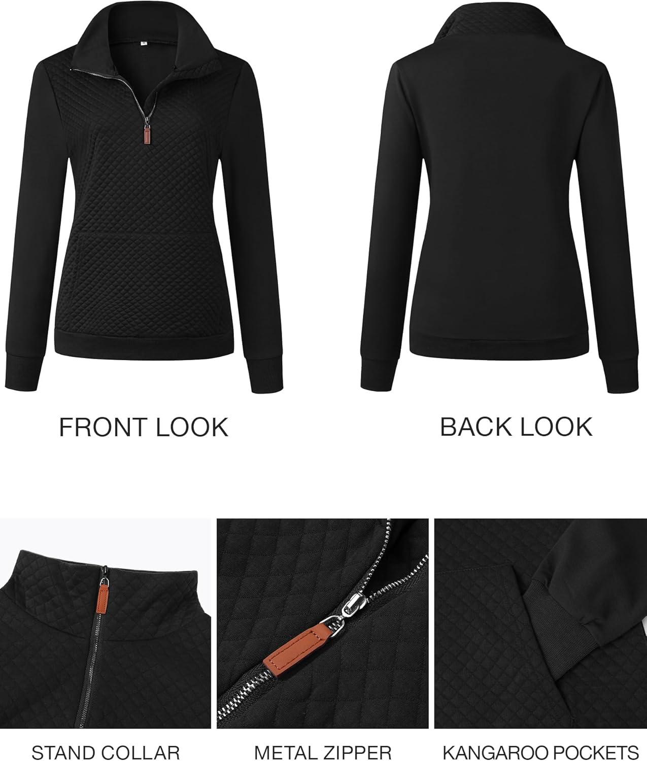 imageBTFBM Women Fashion Quilted Pattern Lightweight Zipper Long Sleeve Plain Casual Ladies Sweatshirts Pullovers Shirts TopsBlack