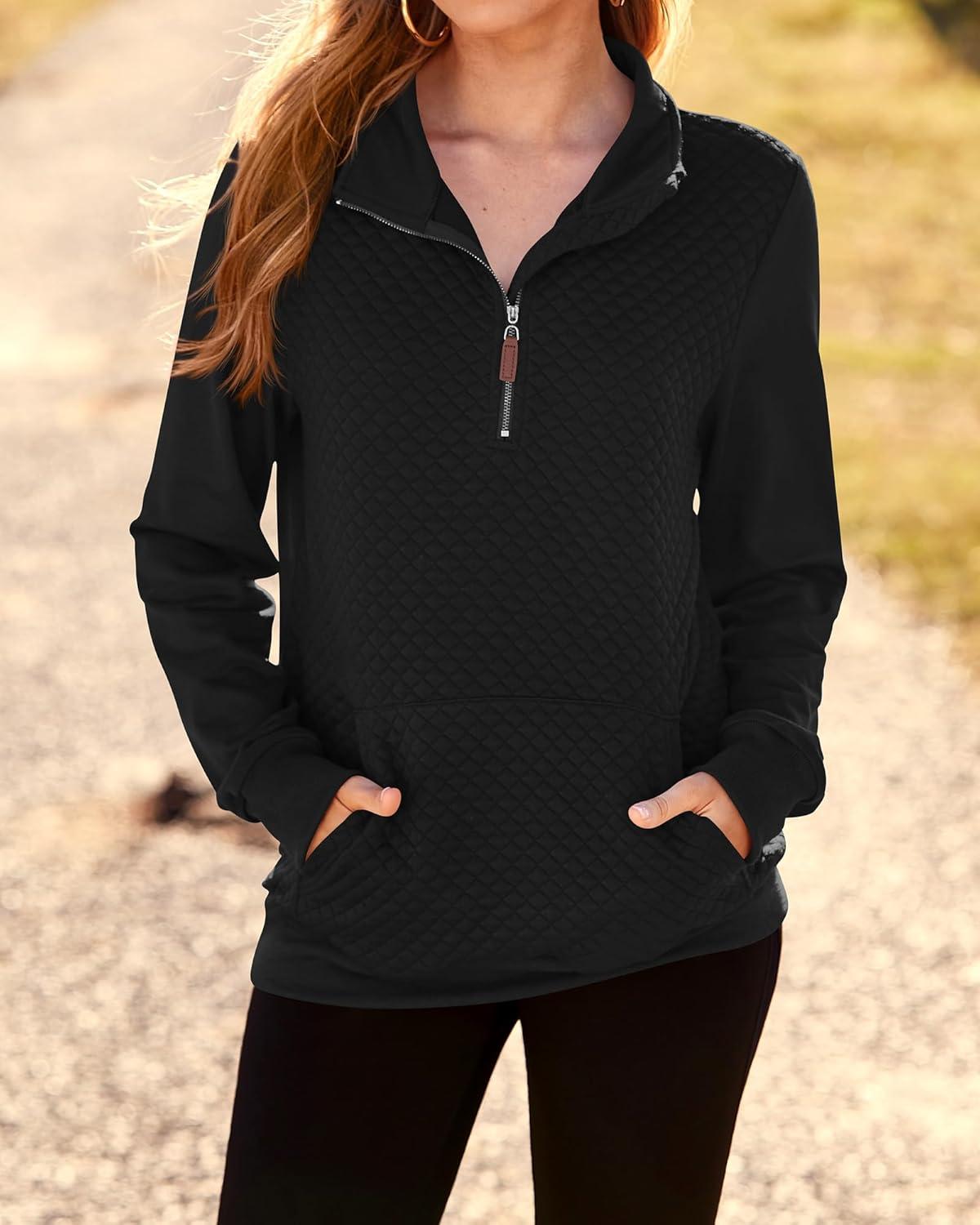 imageBTFBM Women Fashion Quilted Pattern Lightweight Zipper Long Sleeve Plain Casual Ladies Sweatshirts Pullovers Shirts TopsBlack