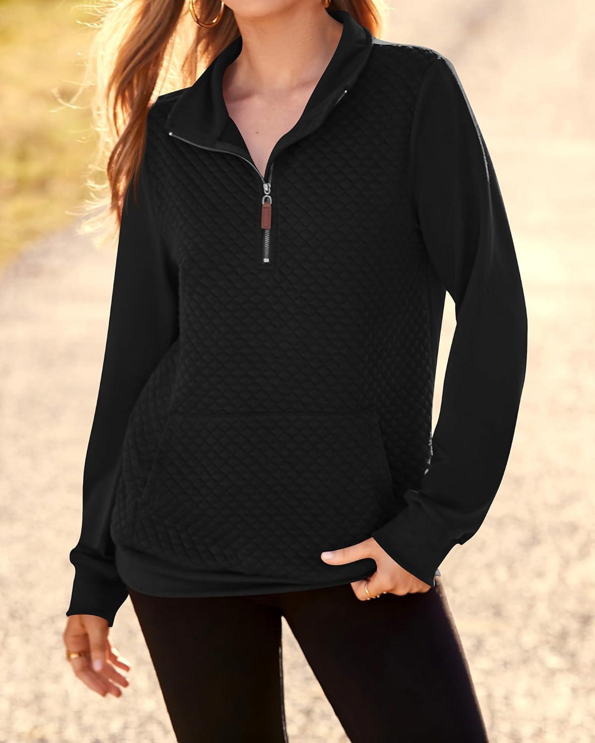 imageBTFBM Women Fashion Quilted Pattern Lightweight Zipper Long Sleeve Plain Casual Ladies Sweatshirts Pullovers Shirts TopsBlack