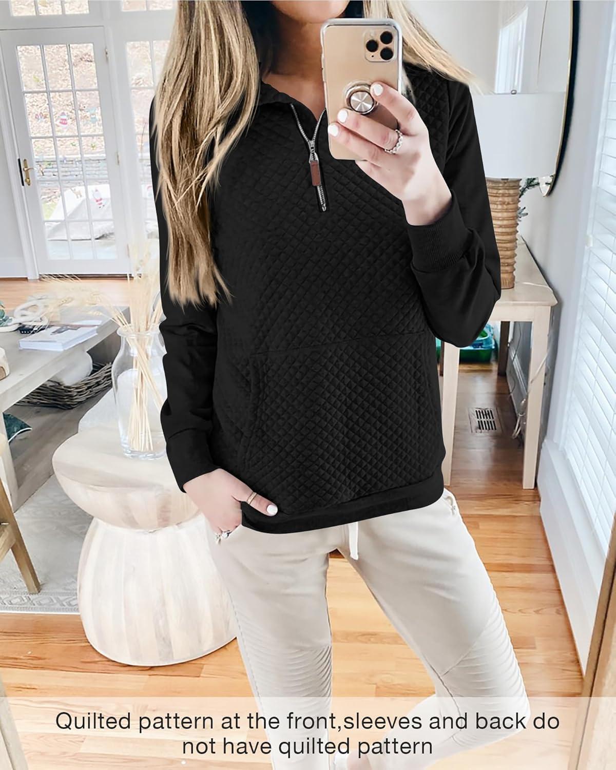 imageBTFBM Women Fashion Quilted Pattern Lightweight Zipper Long Sleeve Plain Casual Ladies Sweatshirts Pullovers Shirts TopsBlack