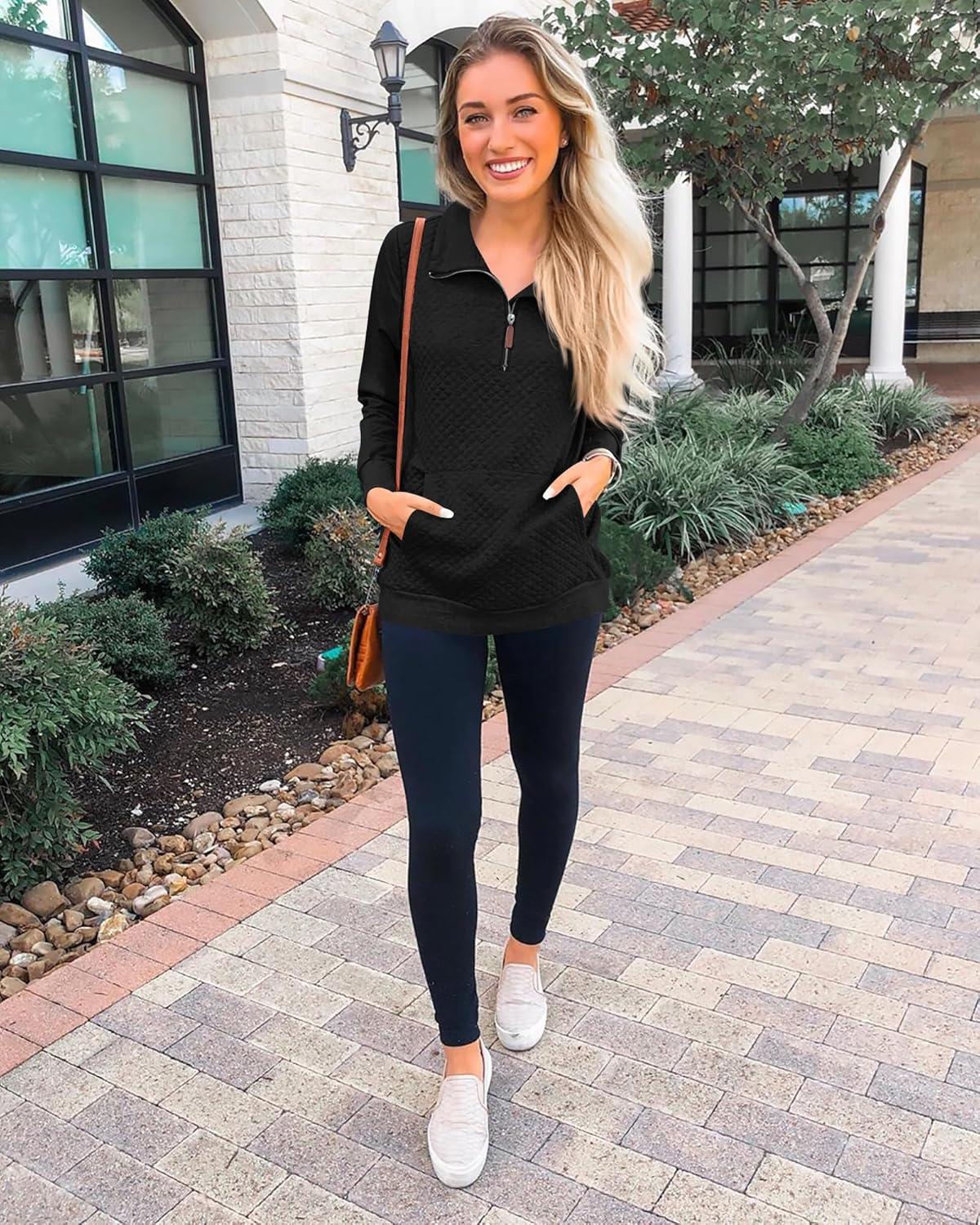 imageBTFBM Women Fashion Quilted Pattern Lightweight Zipper Long Sleeve Plain Casual Ladies Sweatshirts Pullovers Shirts TopsBlack